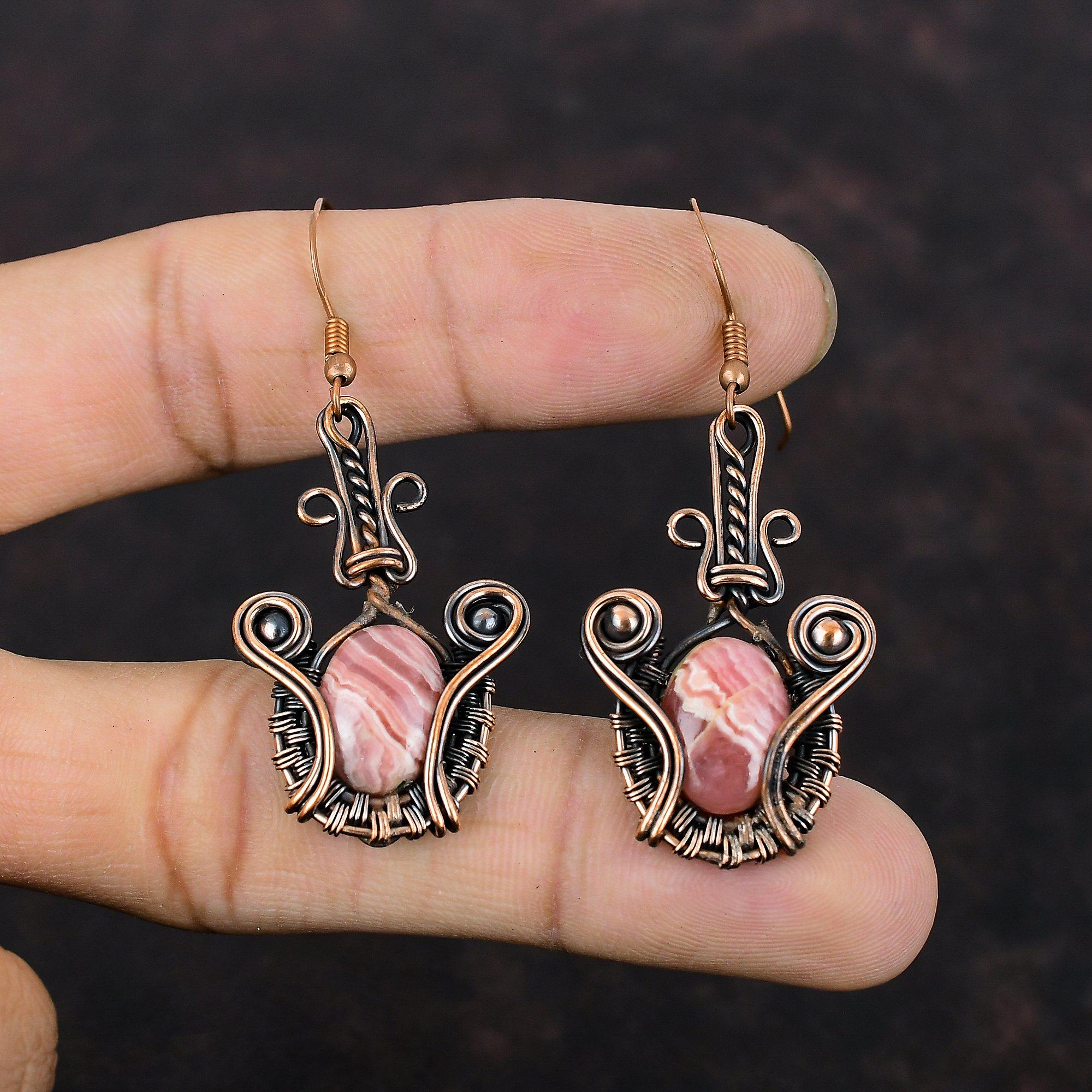 Rhodochrosite Earring Copper Wire Wrapped Earrings Gemstone Copper Jewelry Handmade Earring Unique Style Earring For Gift Wire Wrap Jewelry