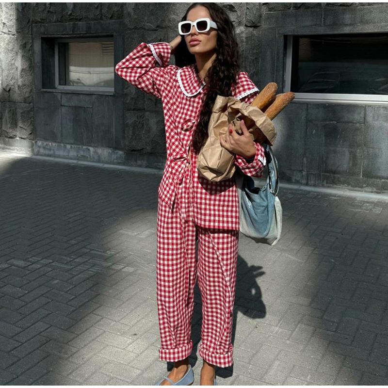 Plaid Shirt Pants Sets Women Peter Pan Collar Lace Up Long Sleeve Shirts Wide Leg Trousers 2 Pieces Suits Female Casual Outfits