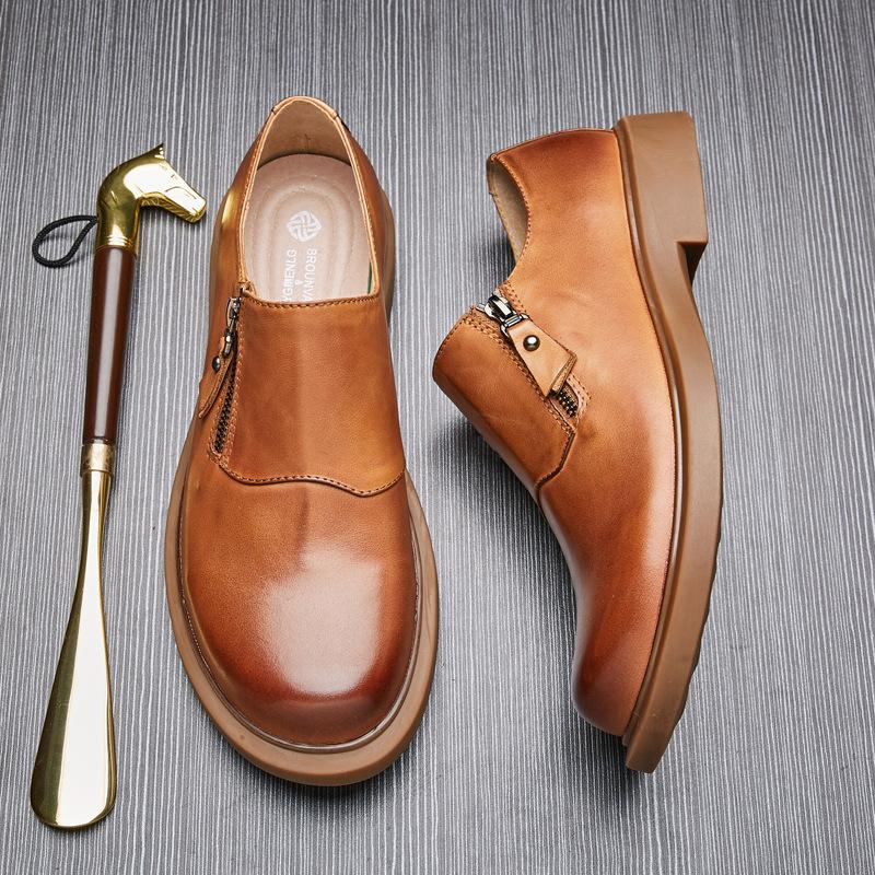 Britský trend Retro Ležérní Zip Pánské Boty Business Big Head Kožené Boty Pánské Nízké Měkký povrch Silná podrážka kůže Jeden pedál