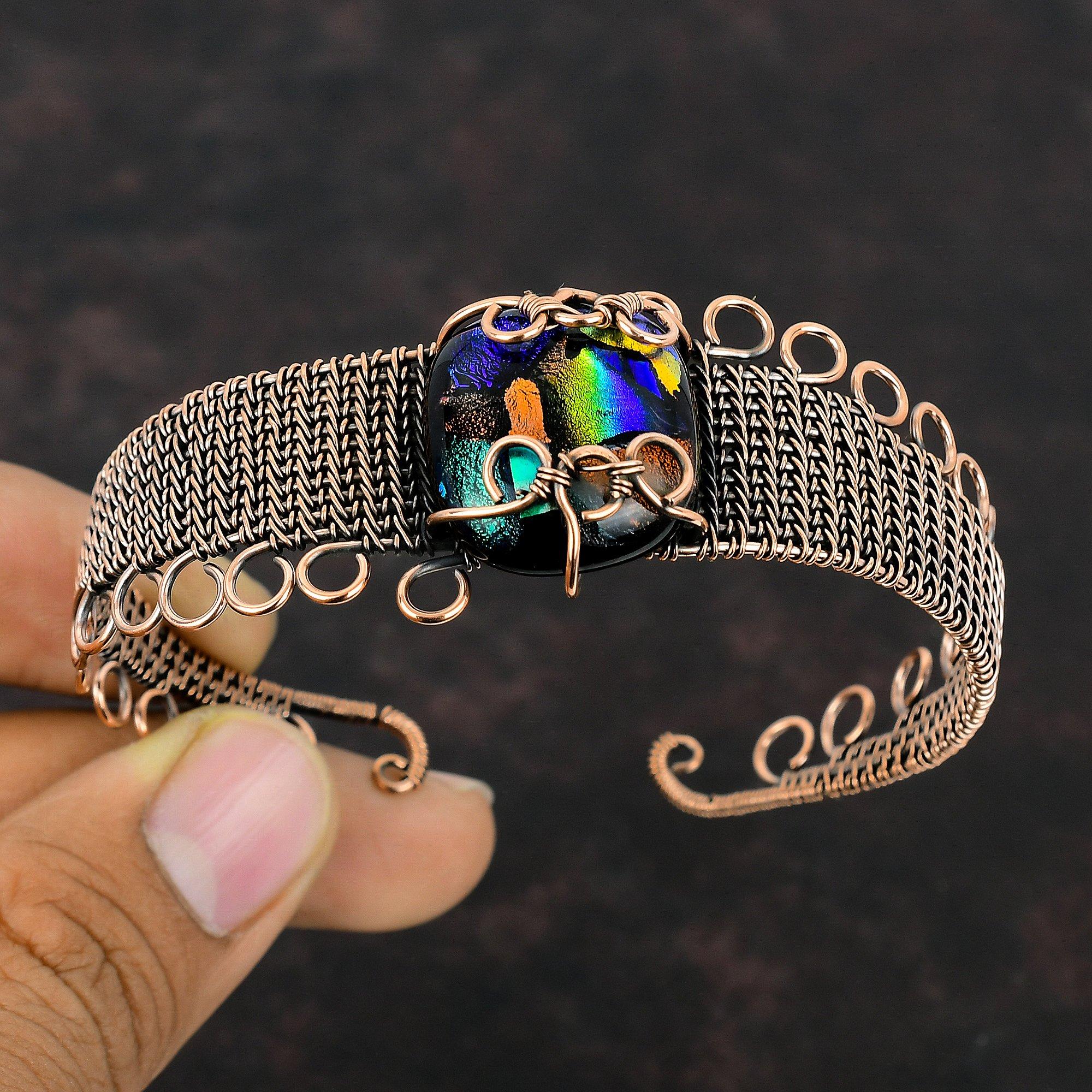 American Dichroic Glass Bangle Copper Wire Wrapped Cuff Bracelet Adjustable Bangle For Gift Handmade Copper Jewelry Gemstone Cuff Bracelet