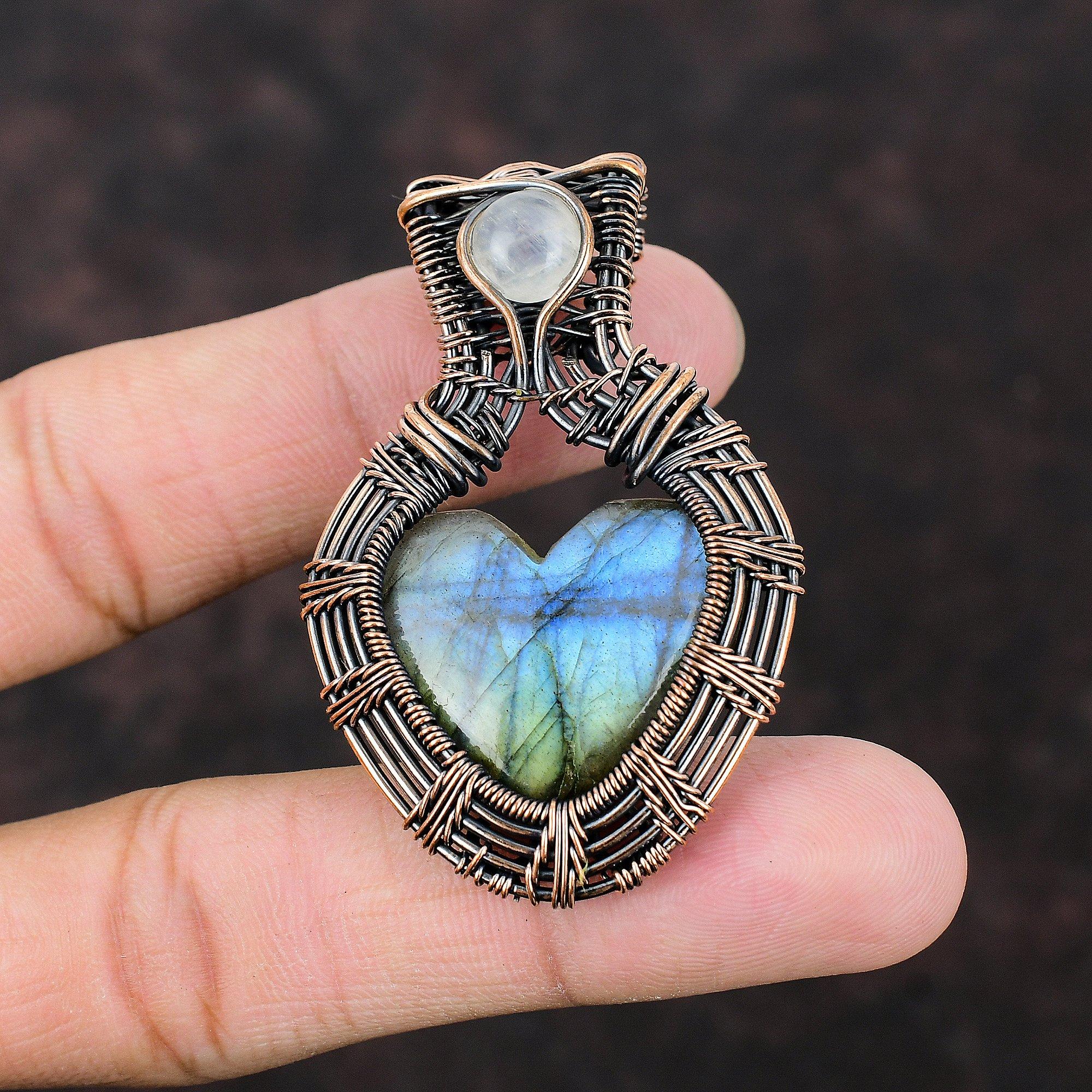 Labradorite Pendant Copper Wire Wrapped Pendant Gemstone Copper Jewelry Handmade Pendant Rainbow Moonstone Wire Wrap Jewelry Gift For Mother