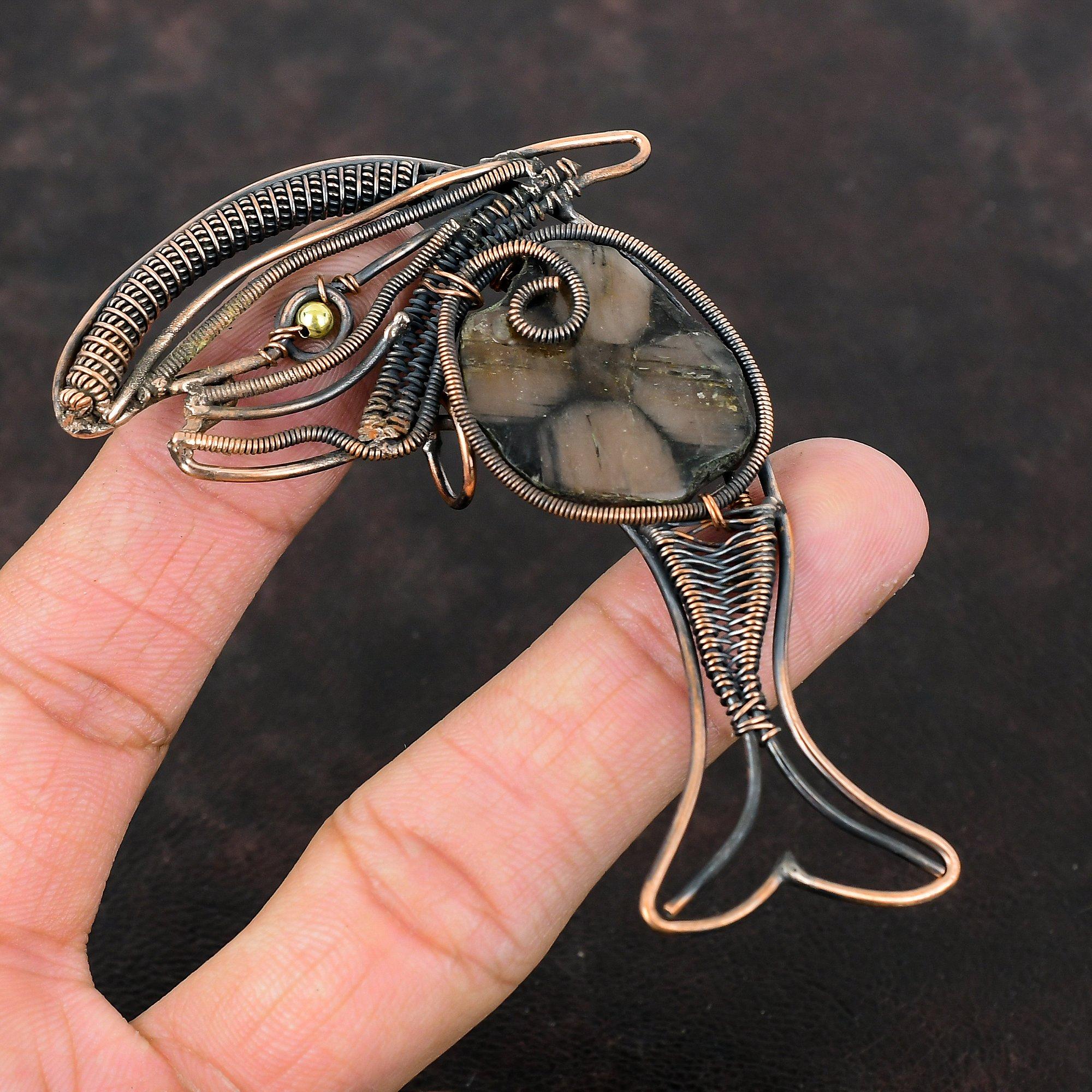 Chiastolite Pendant Copper Wire Wrapped Pendant Fish Design Pendant Handmade Copper Jewelry Gemstone Pendant Wire Wrapping Jewelry For Gift