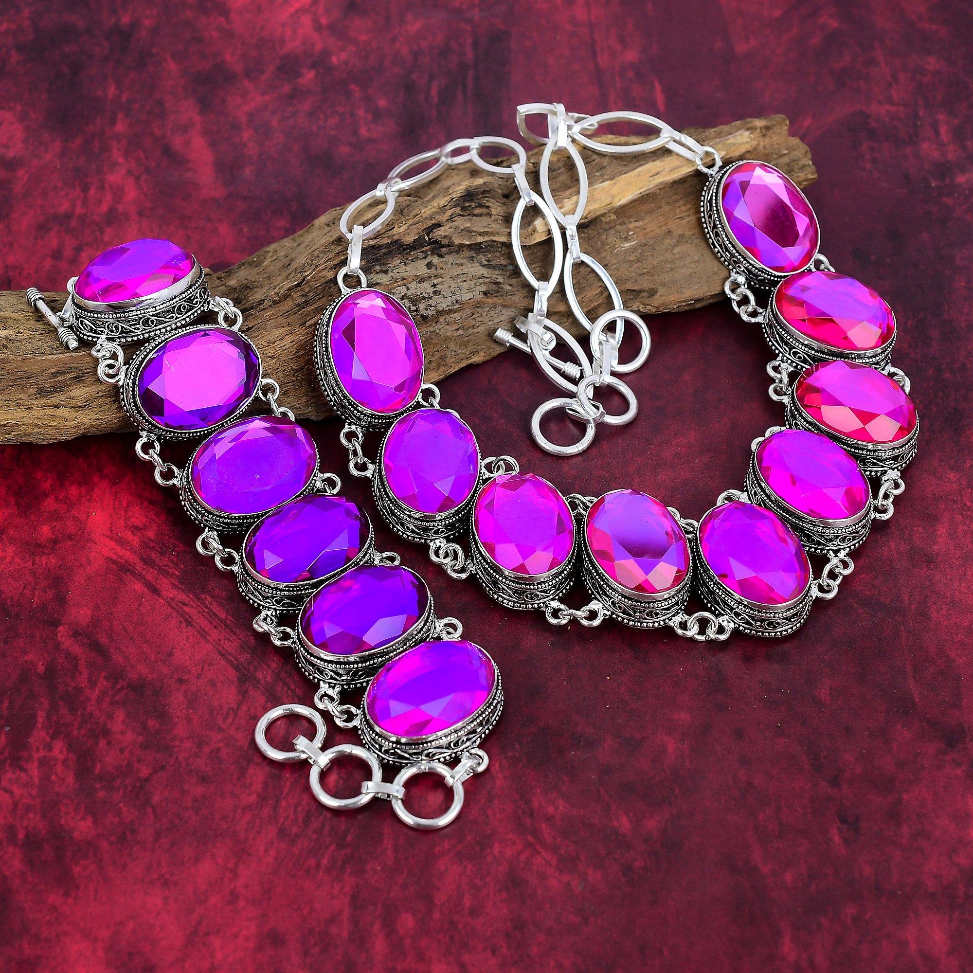 Faceted Pink Topaz Necklace Jewelry, 925 Sterling Silver Gemstone Bracelet, Handmade Adjustable Chain Unique Necklace & Bracelet Jewelry Set