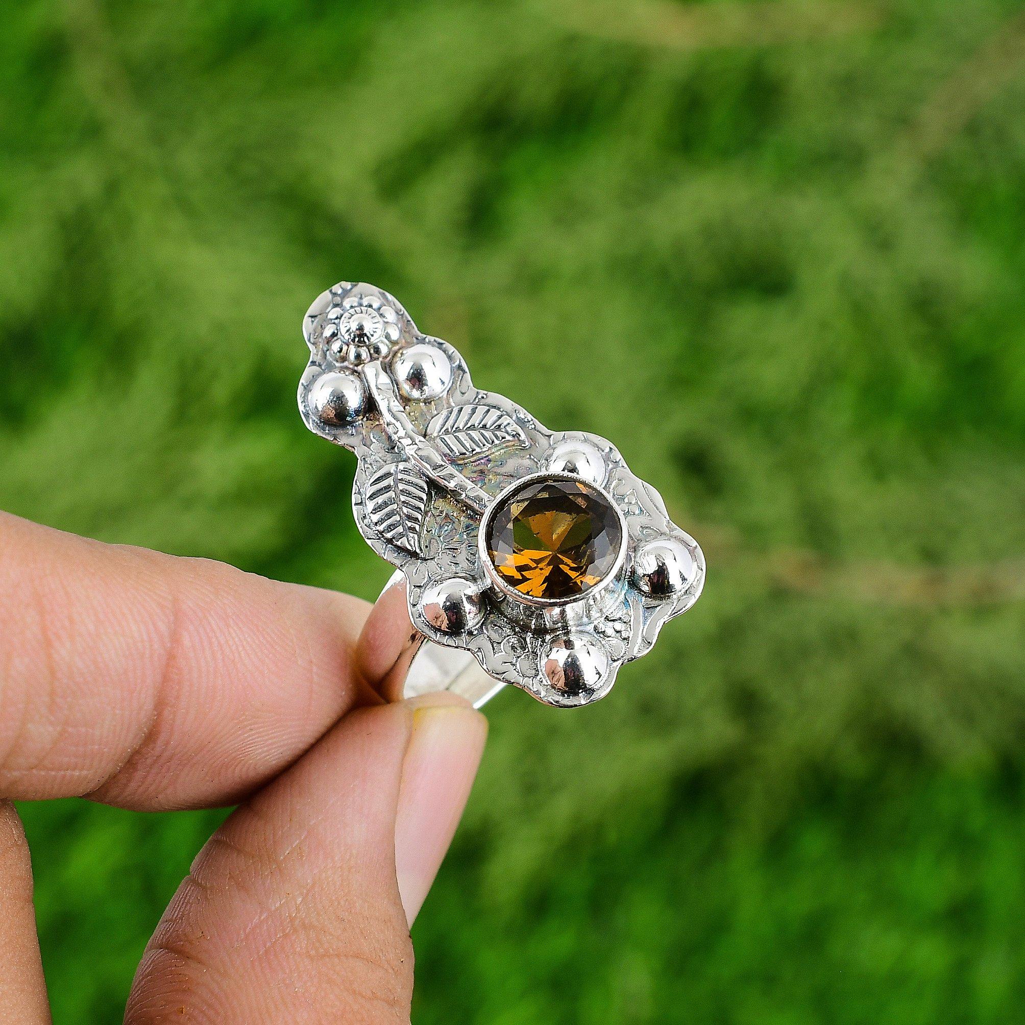 Round Citrine Gemstone Flower Stackable Bezel Ring Jewelry 925 Sterling Silver
