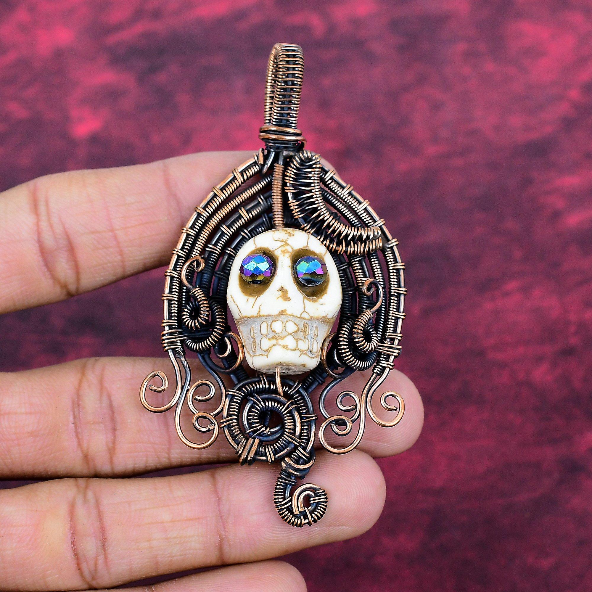 Howlite Copper Wire Wrapped Pendant Titanium Bead Eyes Jewelry Skull Bone Face Pendant