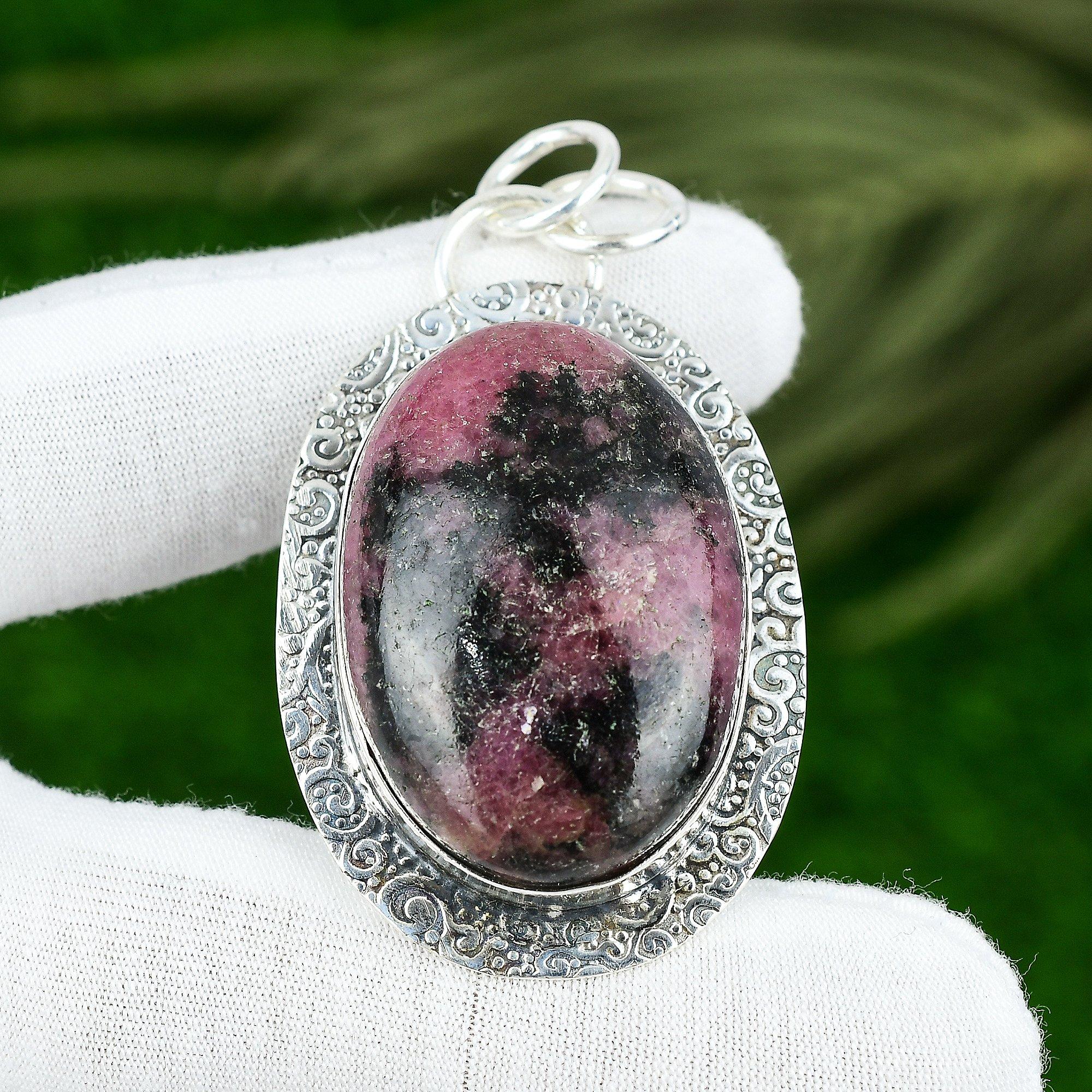 925 Silver Oval Rhodonite Gemstone Wedding Heart Chakra Birthday Mother Pendant
