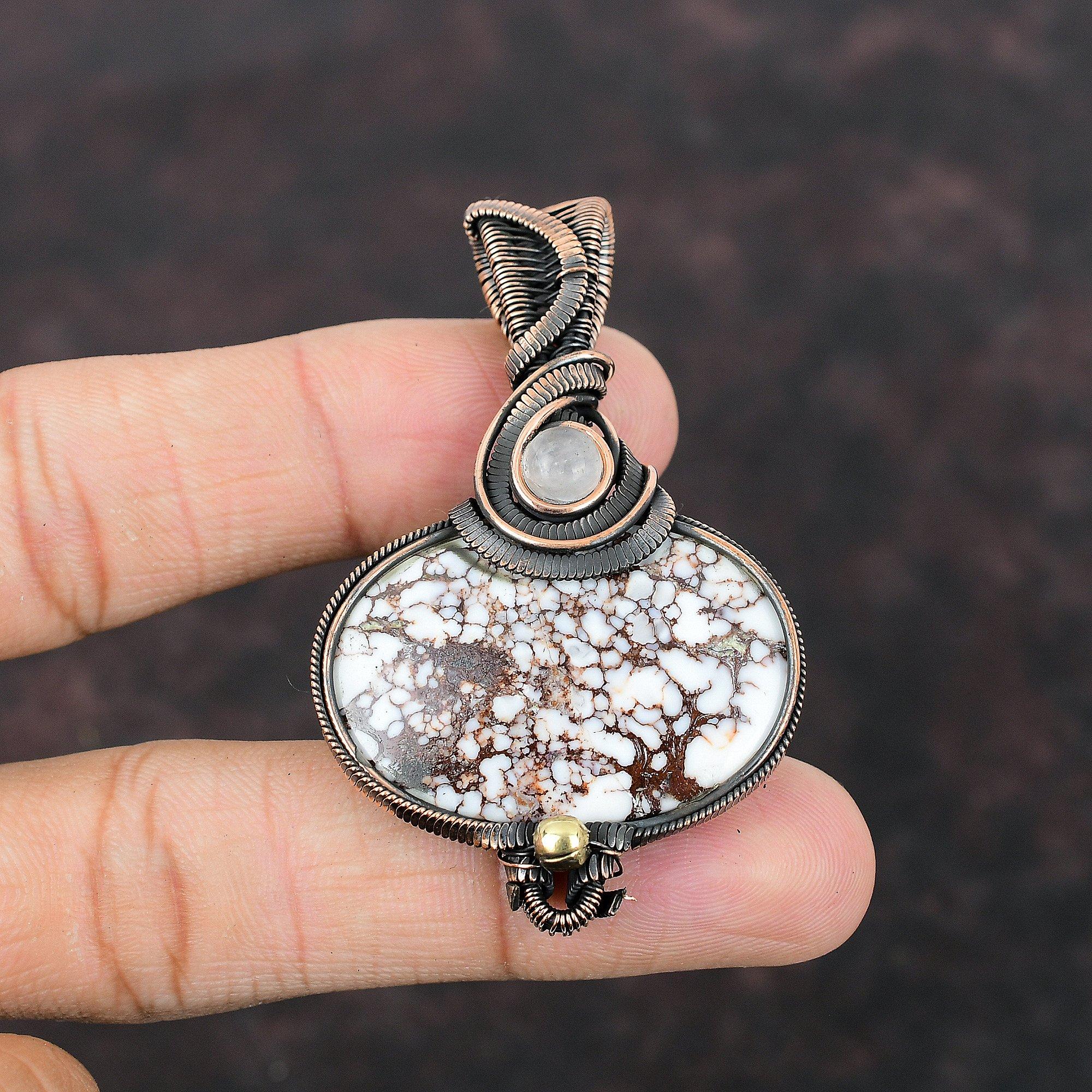 Wild Horse Magnesite Pendant Rainbow Moonstone Pendant Copper Wire Wrapped Jewelry Handmade Gemstone Pendant Gift For Her Designer Pendant