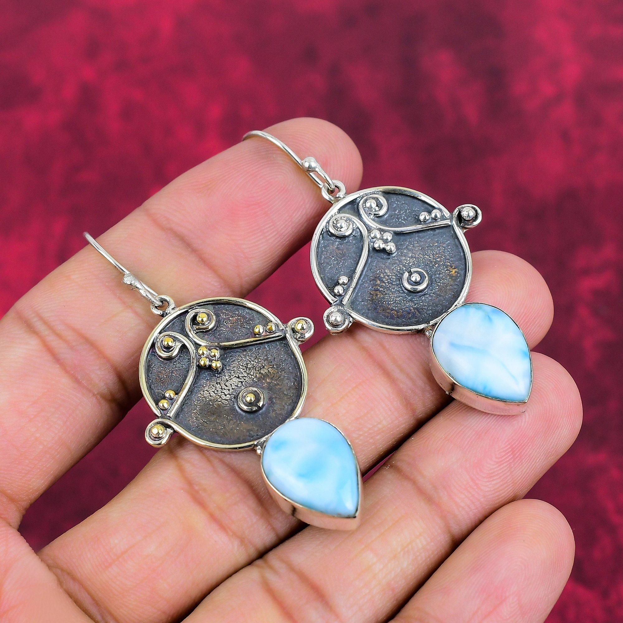 Larimar 925 Solid Sterling Silver Earrings, Handmade Gemstone Jewelry Earrings For Memorial Day