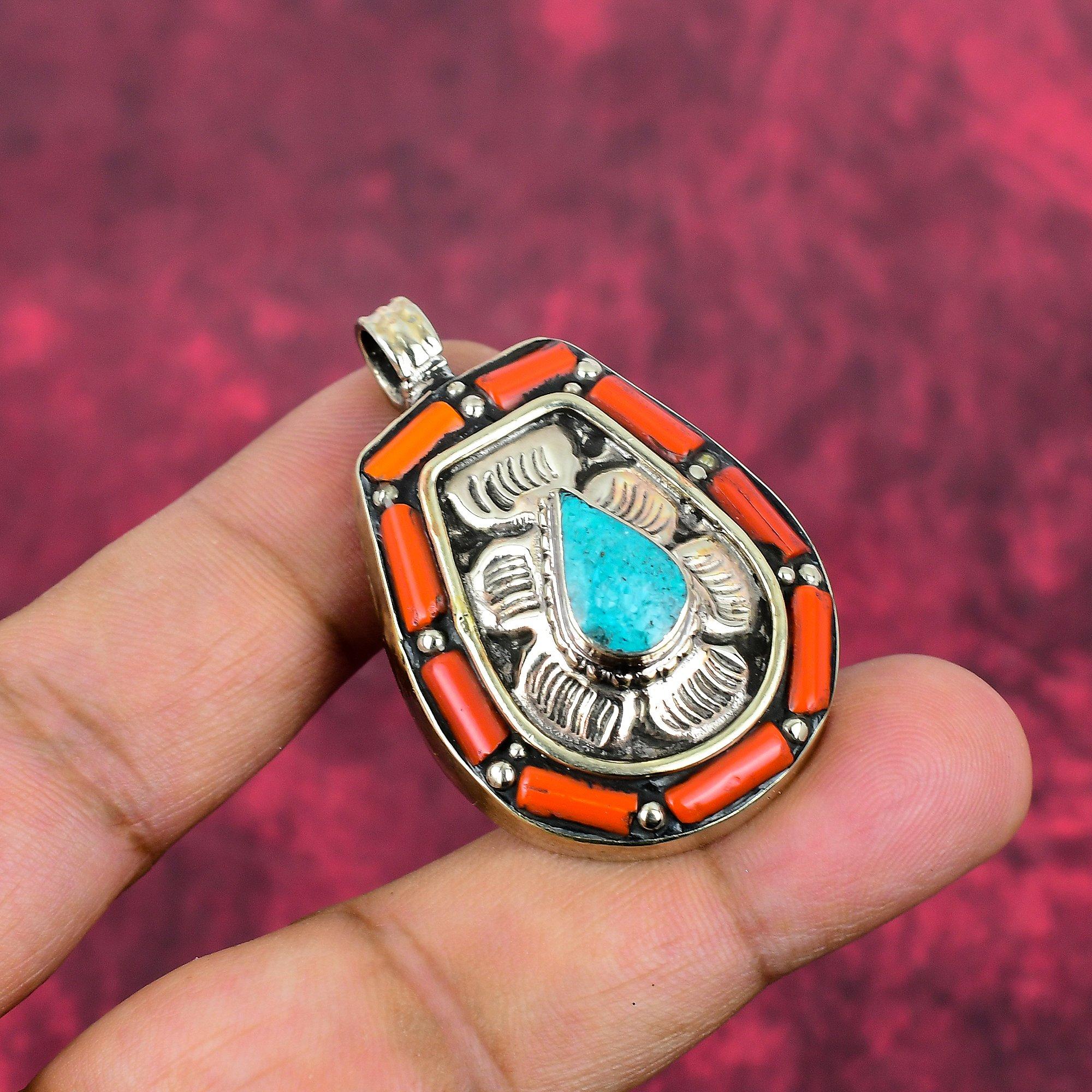 Pandantiv Coral și Turcoaz, Piatră prețioasă Argint Sterling Masiv 925 Bijuterii Pandantiv Nepali, Bijuterii Lucrate Manual Pandantiv Piatră de Naștere, Cadou Pentru El