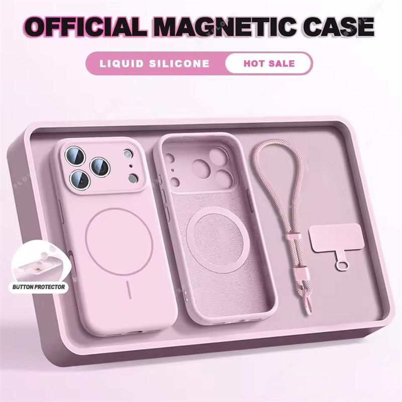 Magnetic Wrist Strap Liquid Silicone Phone Case For iPhone 12 13 16 17 Pro Max Air 15 14 16 Plus 16E Magsafe Lanyard Cover