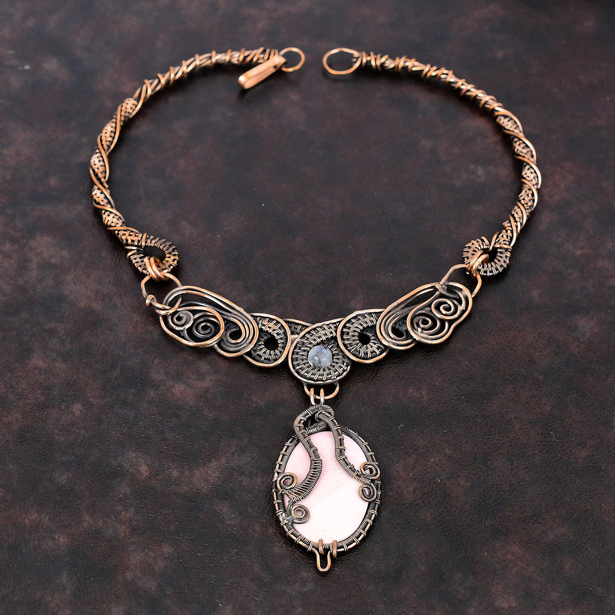 Pink Opal Necklace Copper Wire Wrapped Gemstone Necklace Rainbow Moonstone Necklace Handmade Necklace Copper Wire Jewelry Anniversary Gifts