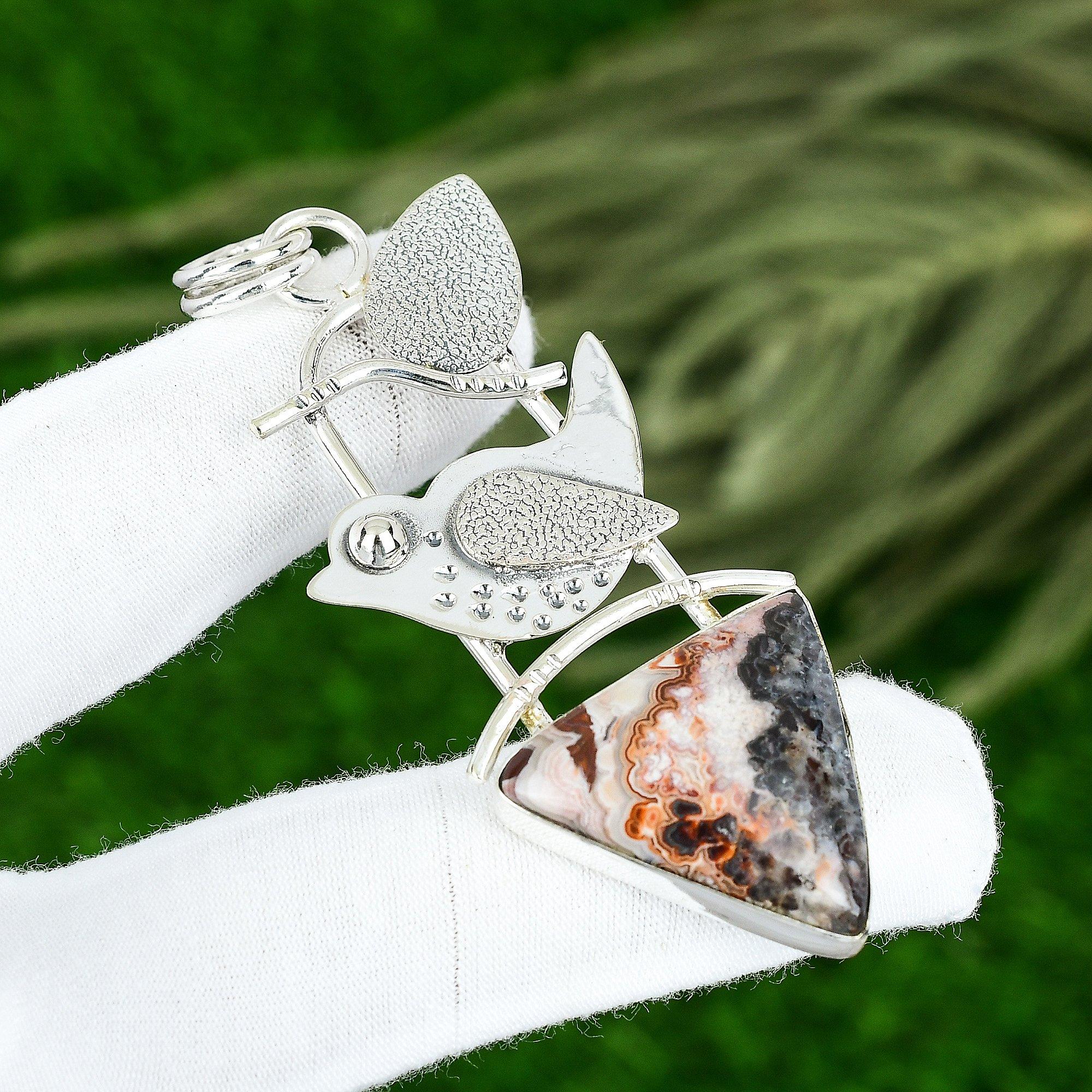 Mexican Laguna Lace Agate Gemstone Unique Elegant Pendant 925 Sterling Silver