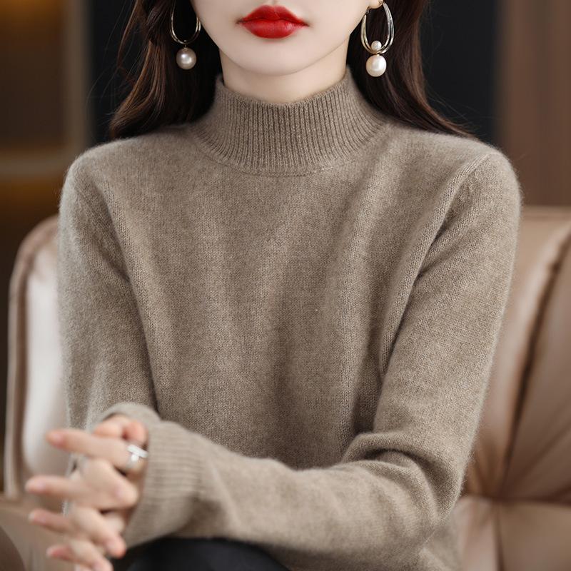 Autumn Winter Sweater Women Half High Neck Long Sleeve Top Loose Slim Versatile Pullover Knitwear Casual Knitted Jumper