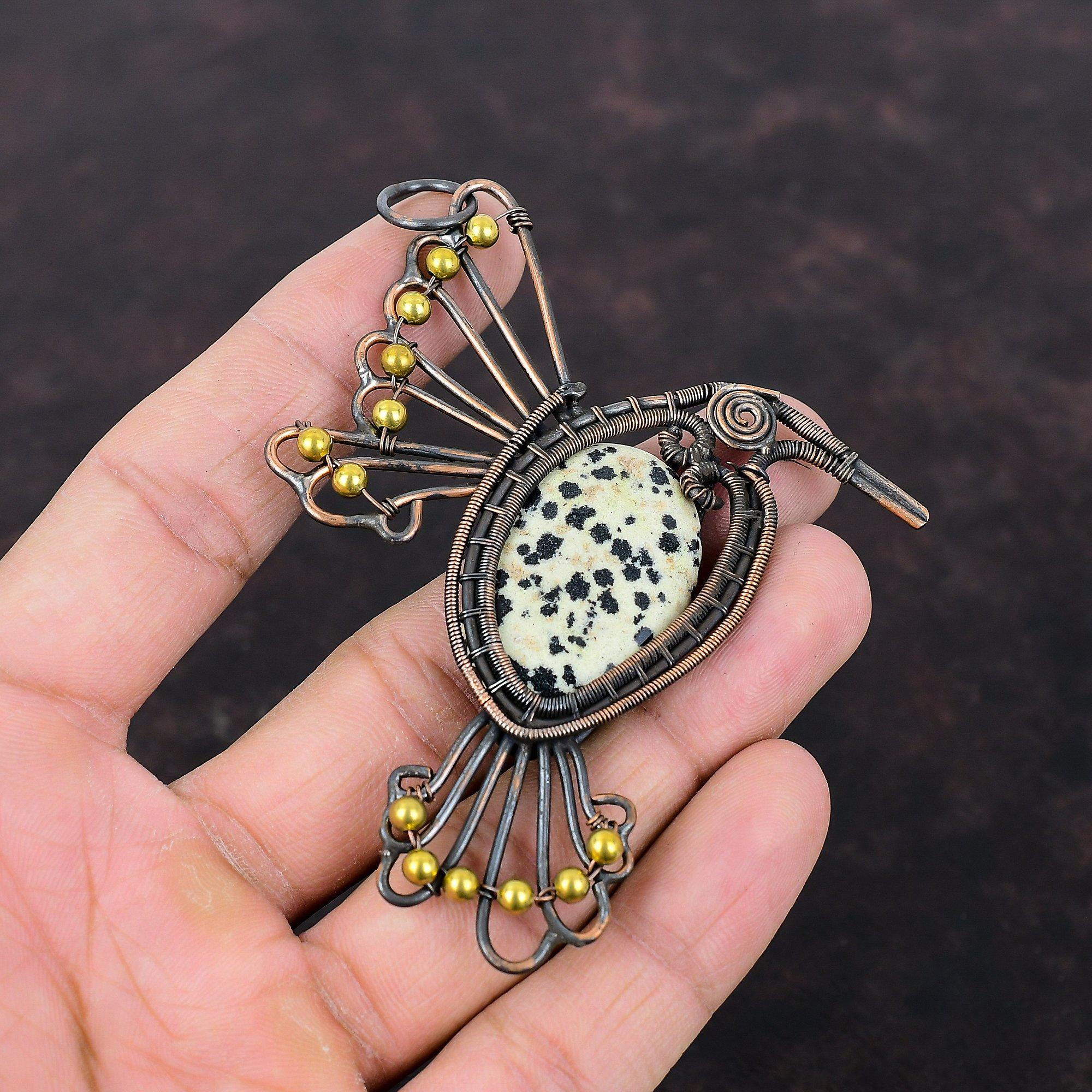 Dalmatian Jasper Pendant Copper Wire Wrapped Pendant Handmade Jewelry Natural Gemstone Pendant Stylish Copper Jewelry Bird Pendant For Gift