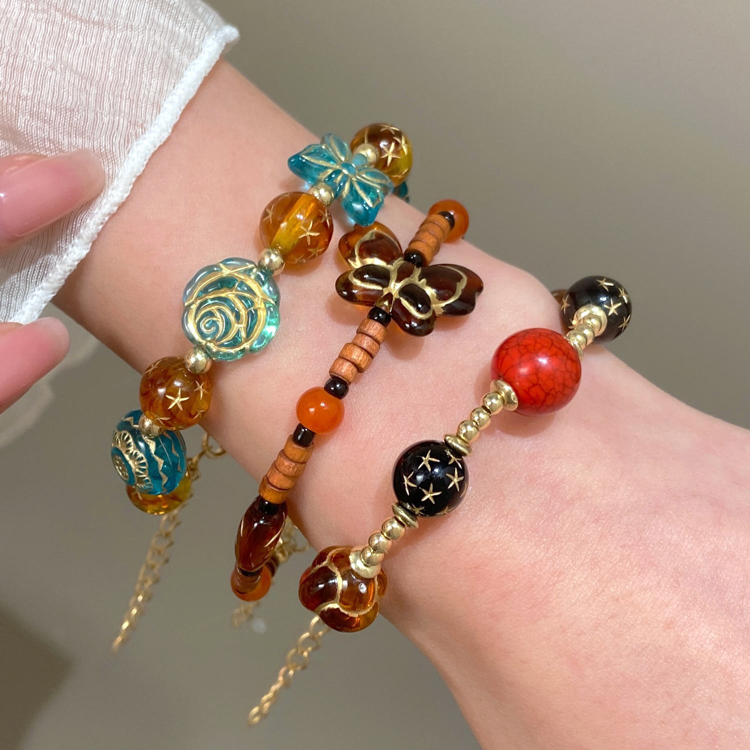 Retro Ethnic Style Flower Butterfly Bead Bracelet For Women