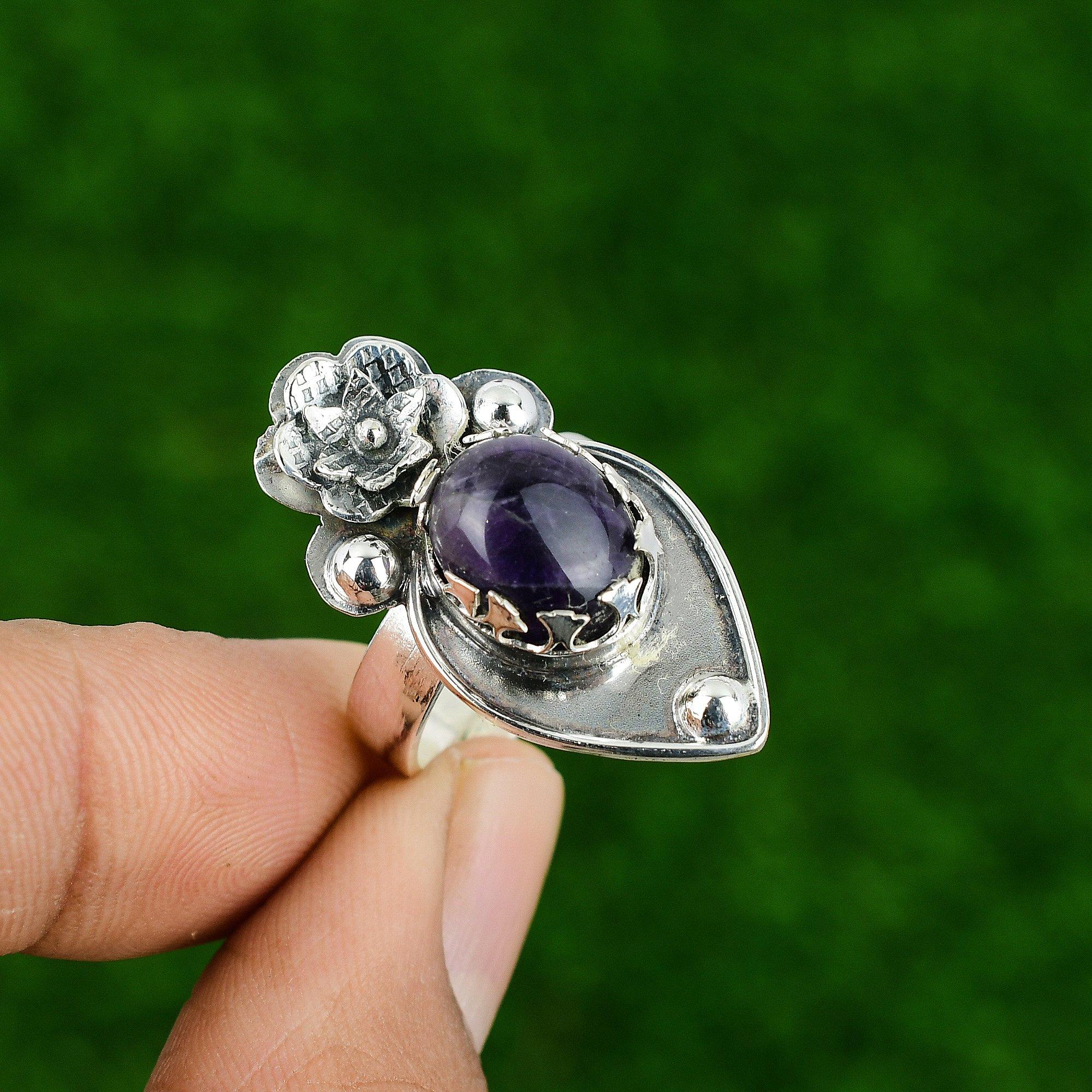 Natural Chevron Amethyst Statement Flower Purple Adjustable Ring 925 Silver