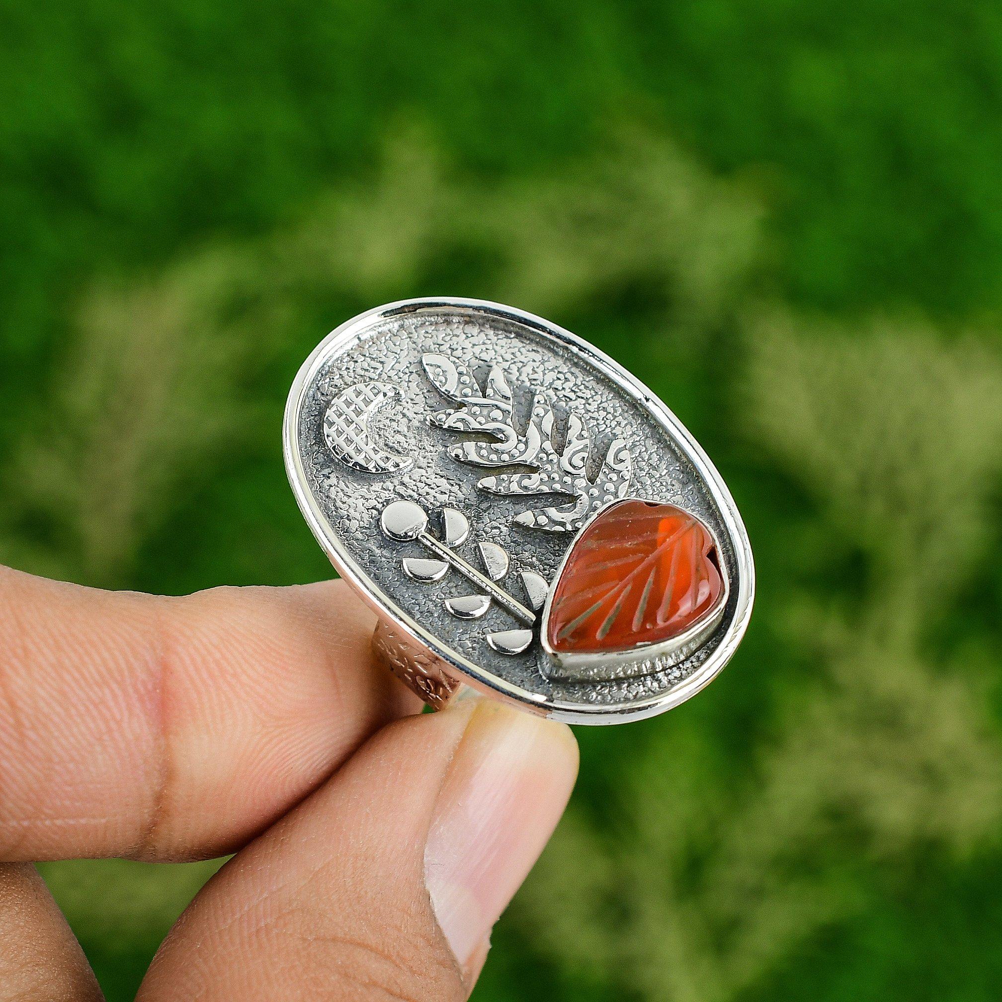 Natural Carved Carnelian Gemstone 925 Silver Statement Adjustable Ring For Women