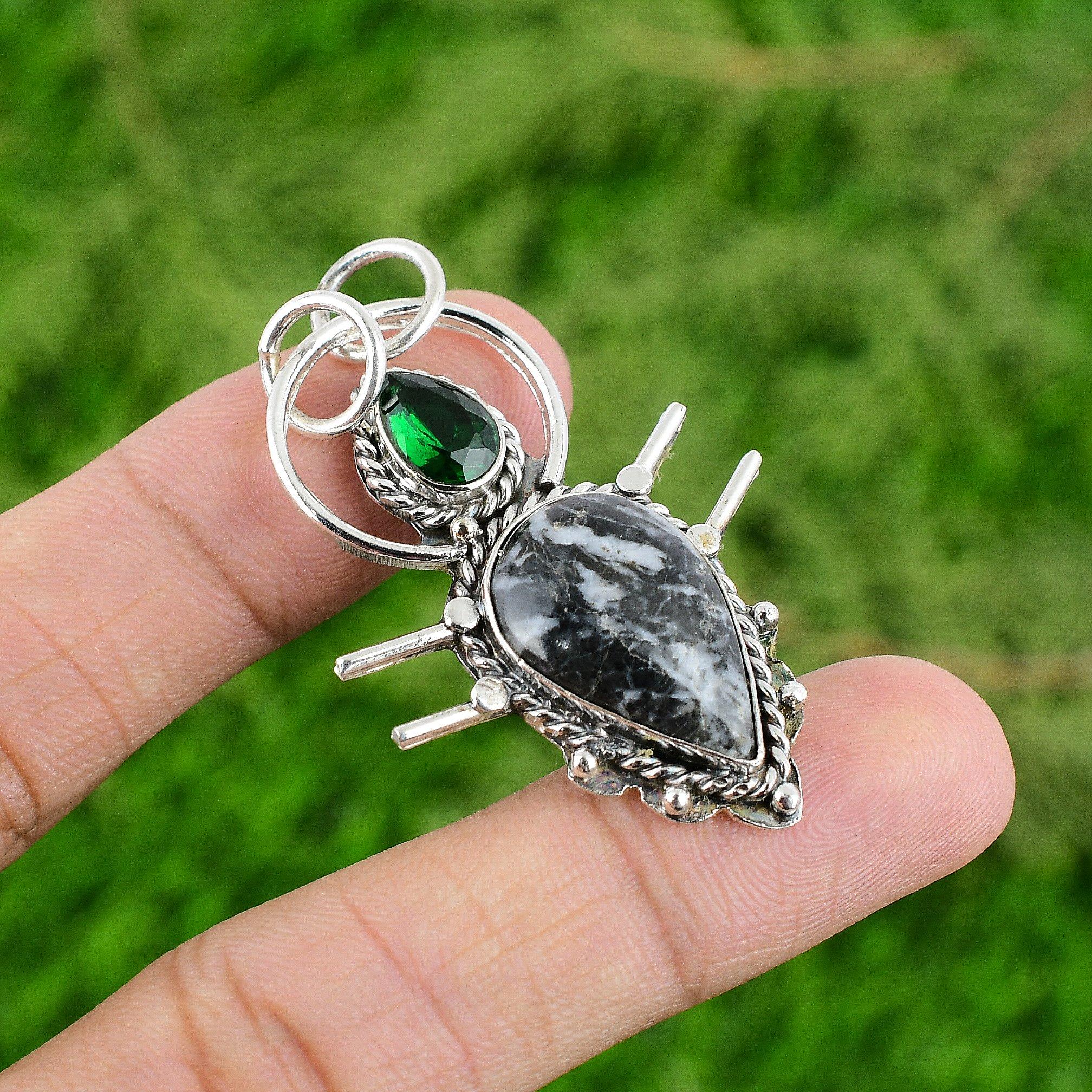 Zebra Jasper Stone Chrome Diopside 925 Sterling Silver Wedding Pendant Jewelry