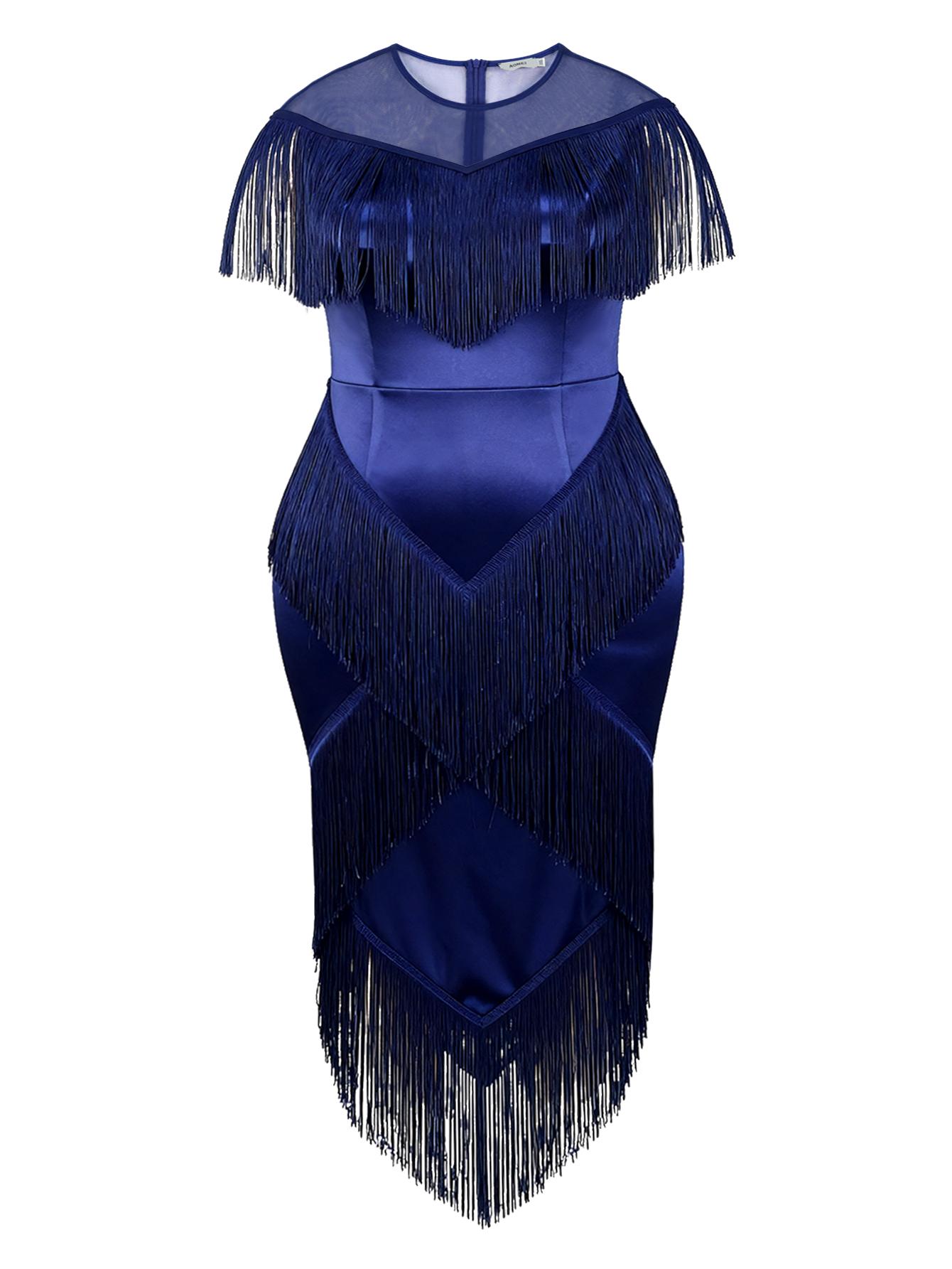 AOMEI Women Plus Size Fringe Midi Dress Elegant Bodycon Tassel Pencil Evening Party Club Dresses