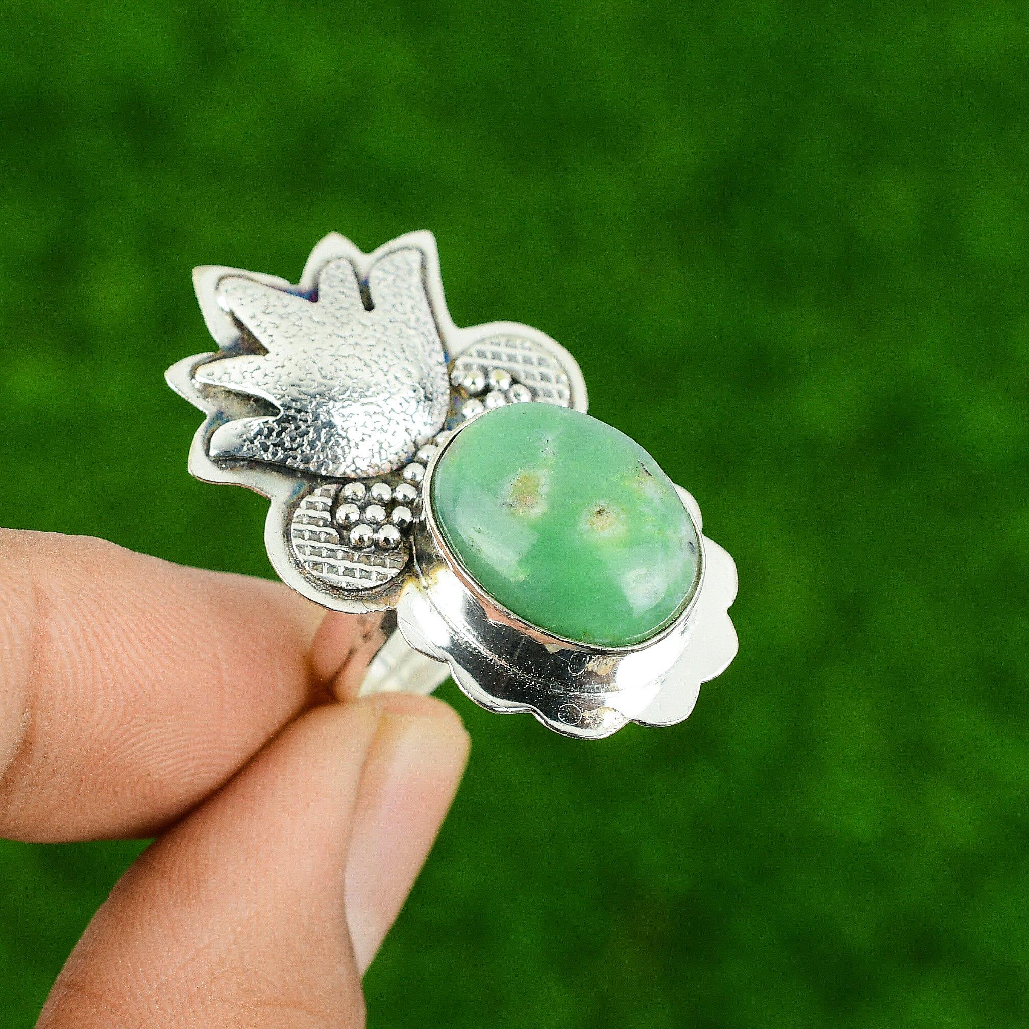 Chrysoprase Gemstone Bezel Sister Anniversary Statement Ring Jewelry 925 Silver