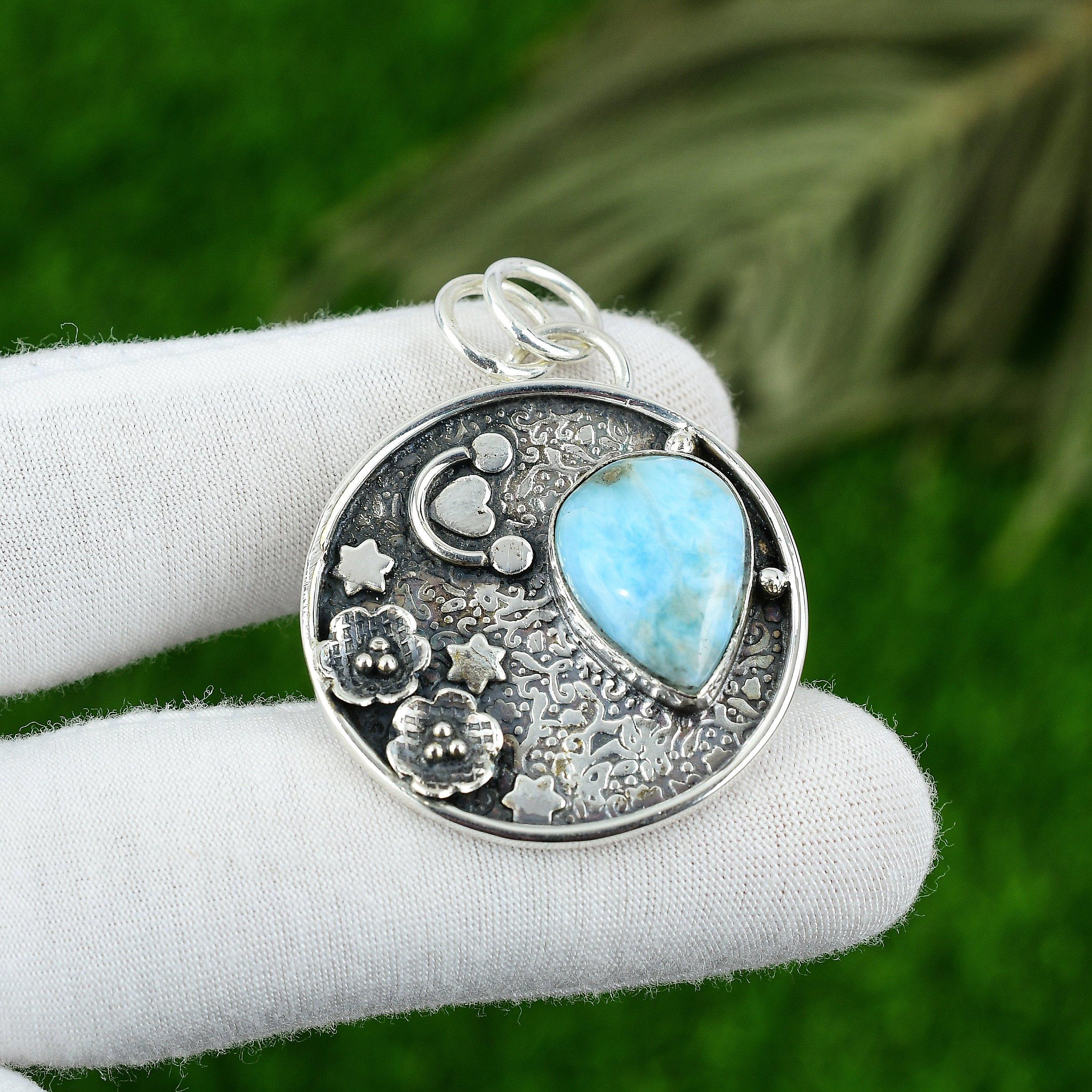 Natural Larimar Gemstone Pendant 925 Sterling Silver Indian Jewelry For Women