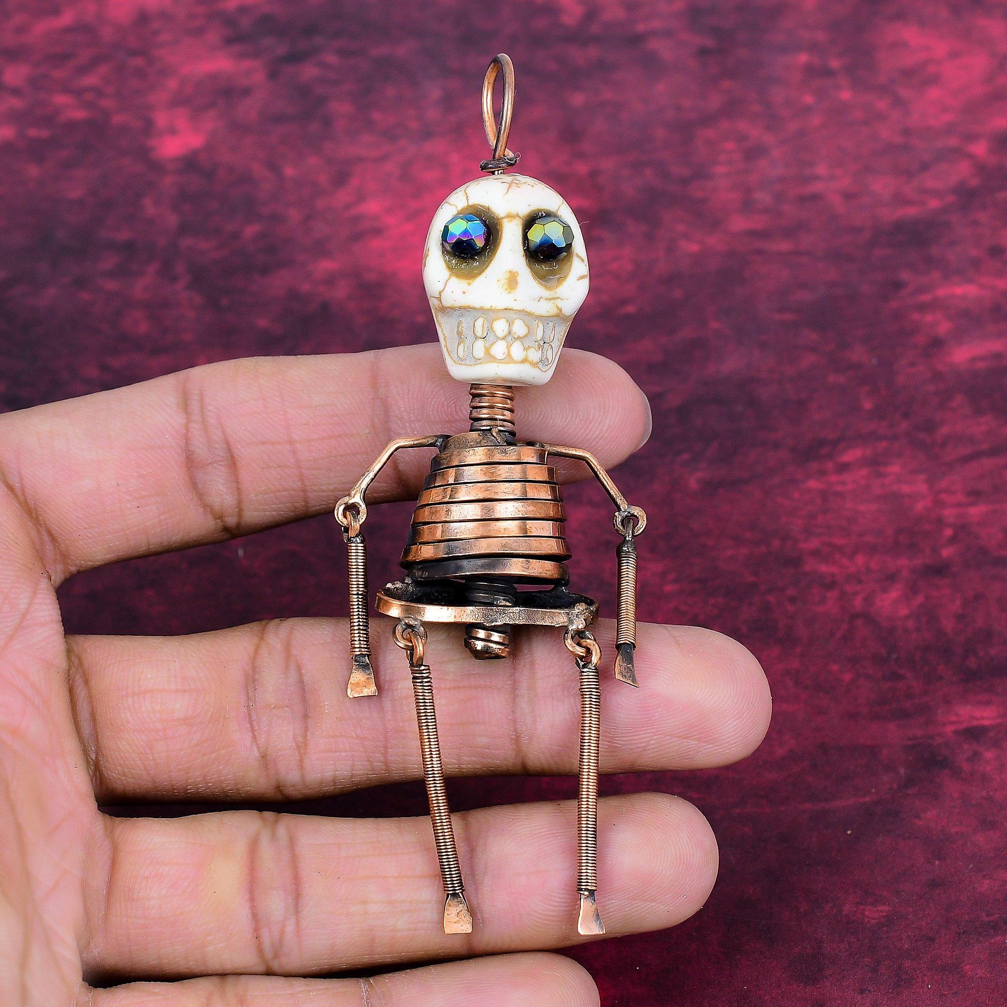 Howlite Pendant Copper Wire Wrapped Jewelry Titanium Bead Eyes & Skull Bone Face Pendant