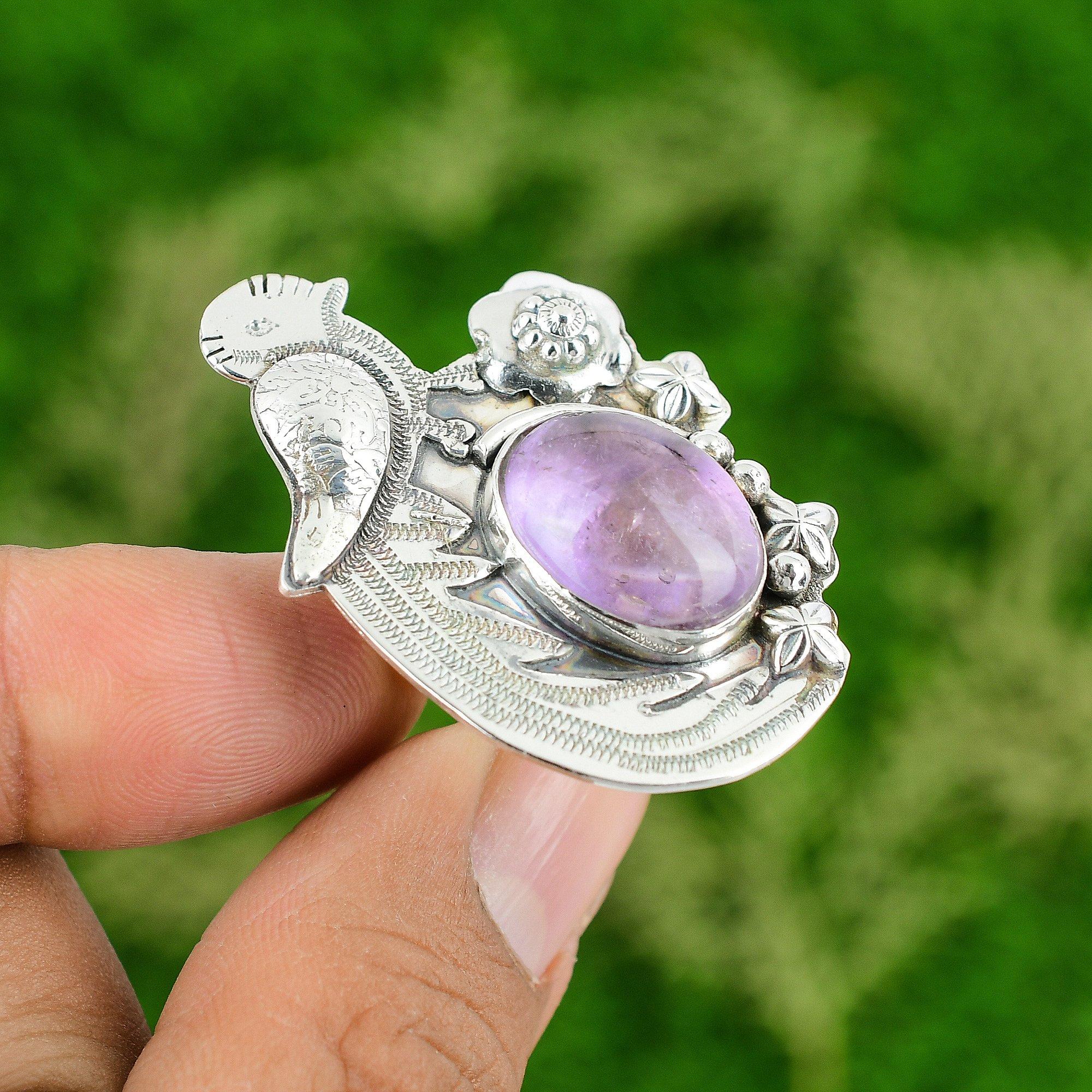 Gift For Her Natural African Amethyst Statement Bird Adjustable Ring 925 Silver