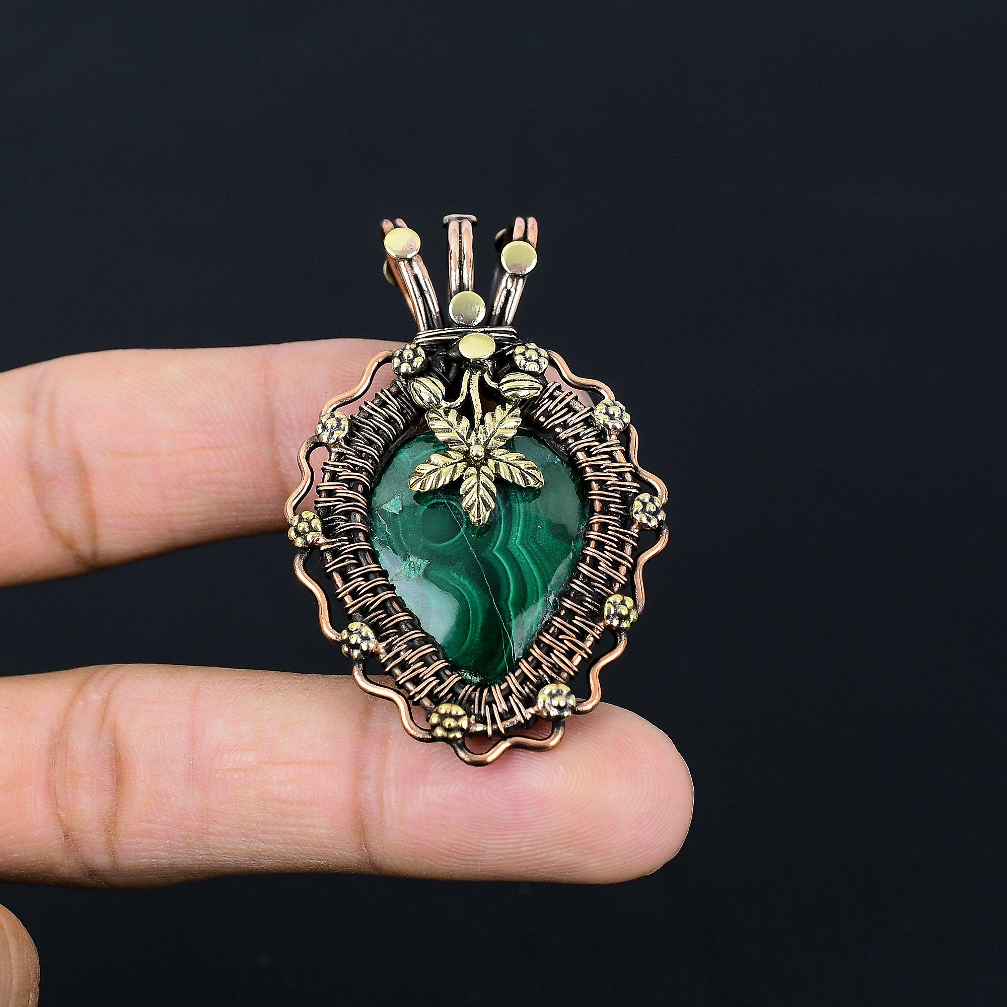 Amazing Malachite Gemstone Handmade Pure Copper Wire Wrapped Pendant Jewelry