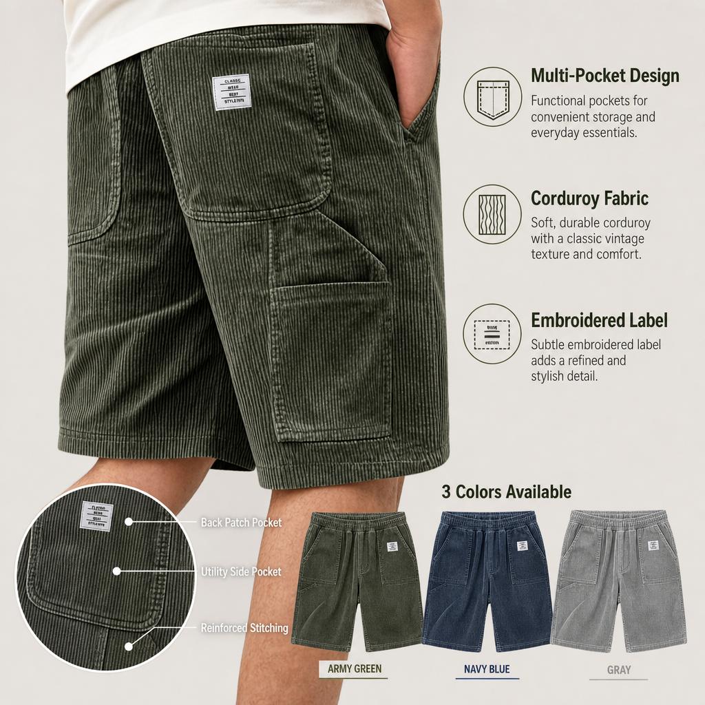 Herren Vintage Cord Cargoshorts, Modische Mehrzwecktaschen Gesticktes Etikett Lässige Kurzhosen