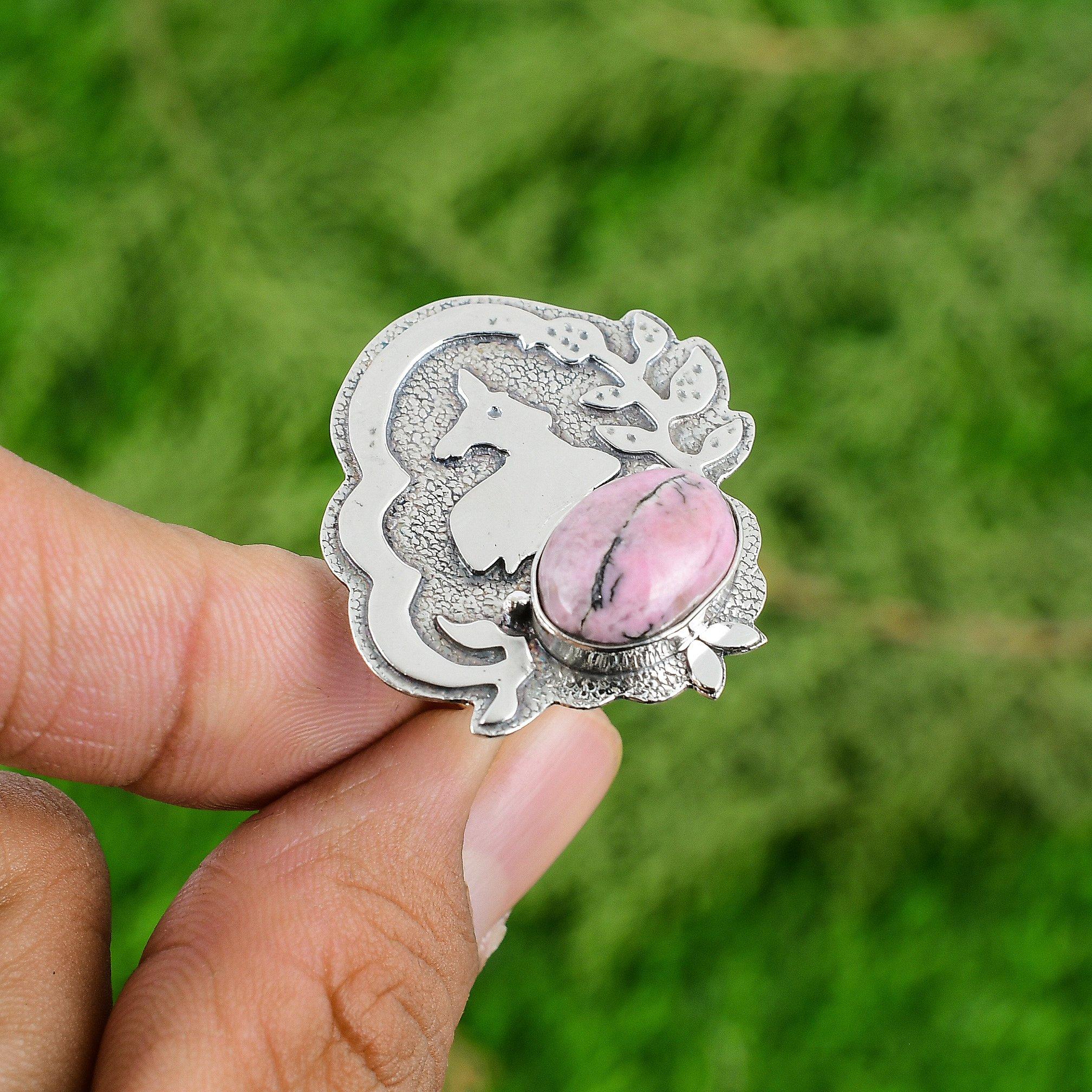 Rhodonite Gemstone Sterling Silver Statement Promise Handcrafted Birthday Ring