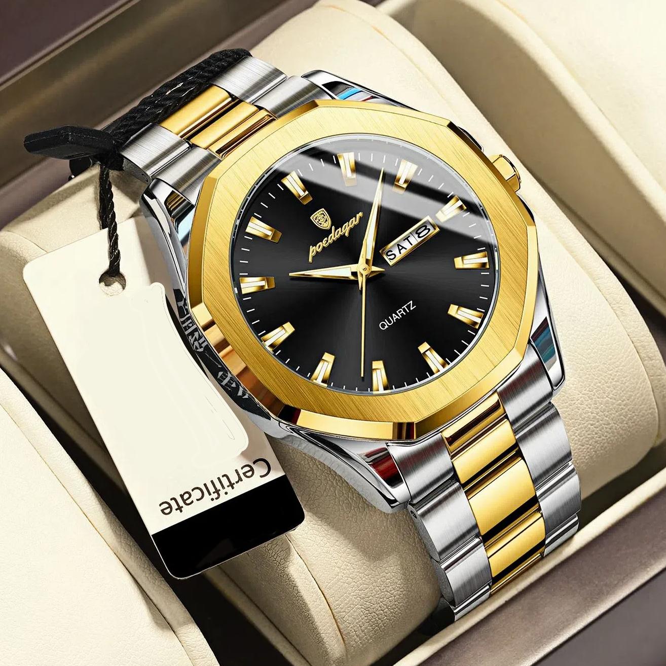 Double Calendar Octagonal Dial Stainless Steel Watch Men's Luxury Waterproof Luminous Business Quartz Watch Suitable for Daily Business