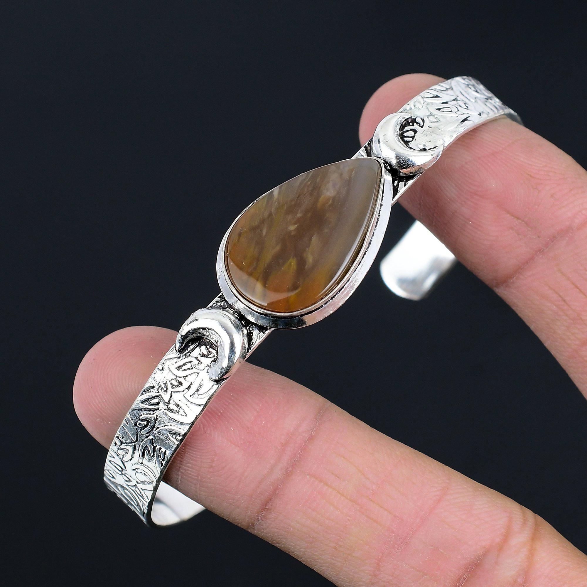 Bracelet en Agate Plume Naturelle Croissant de Lune Réglable Argent 925 Pour Filles