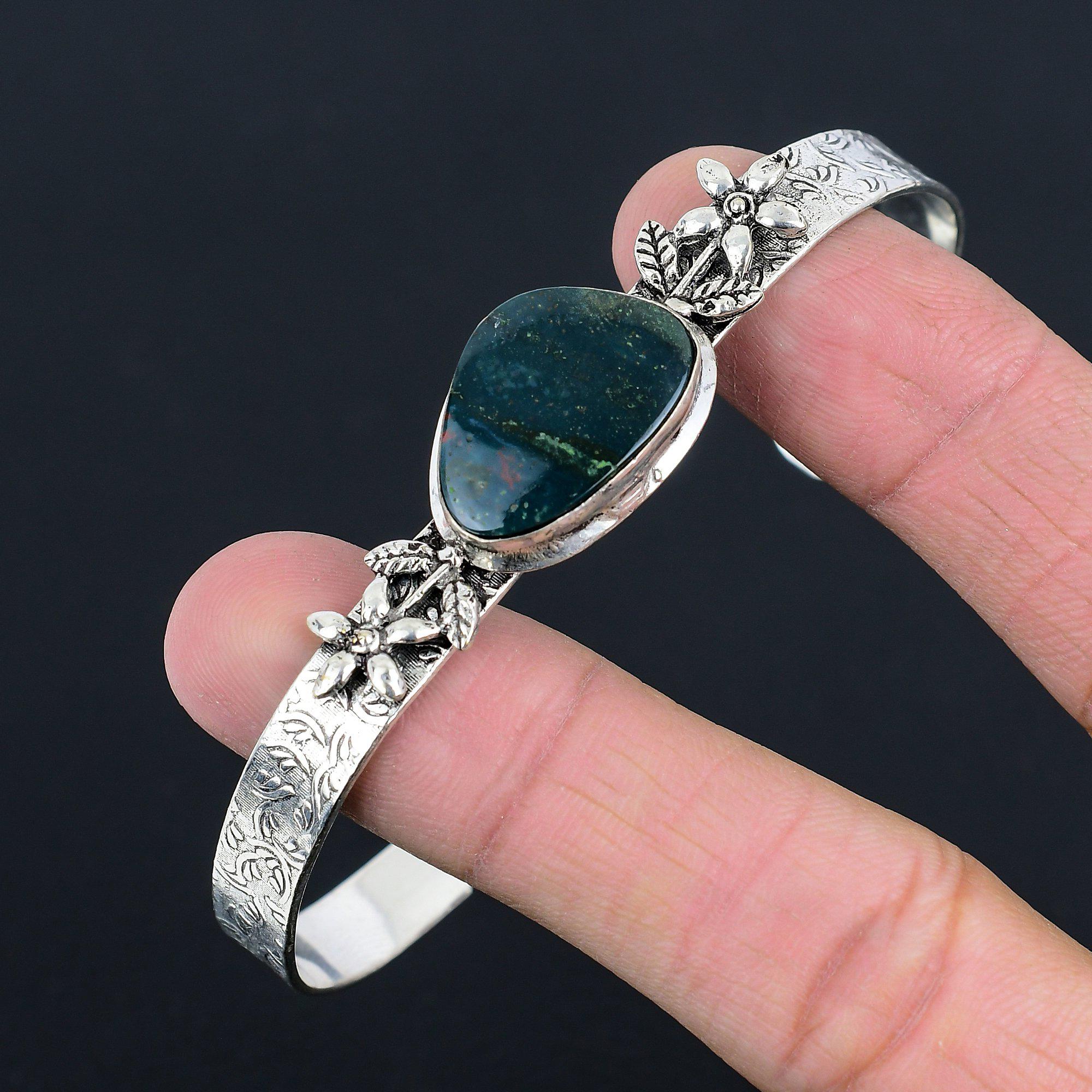 Womens day Deal Bloodstone Stone Sterling Silver Flower Wedding Bangle Jewelry