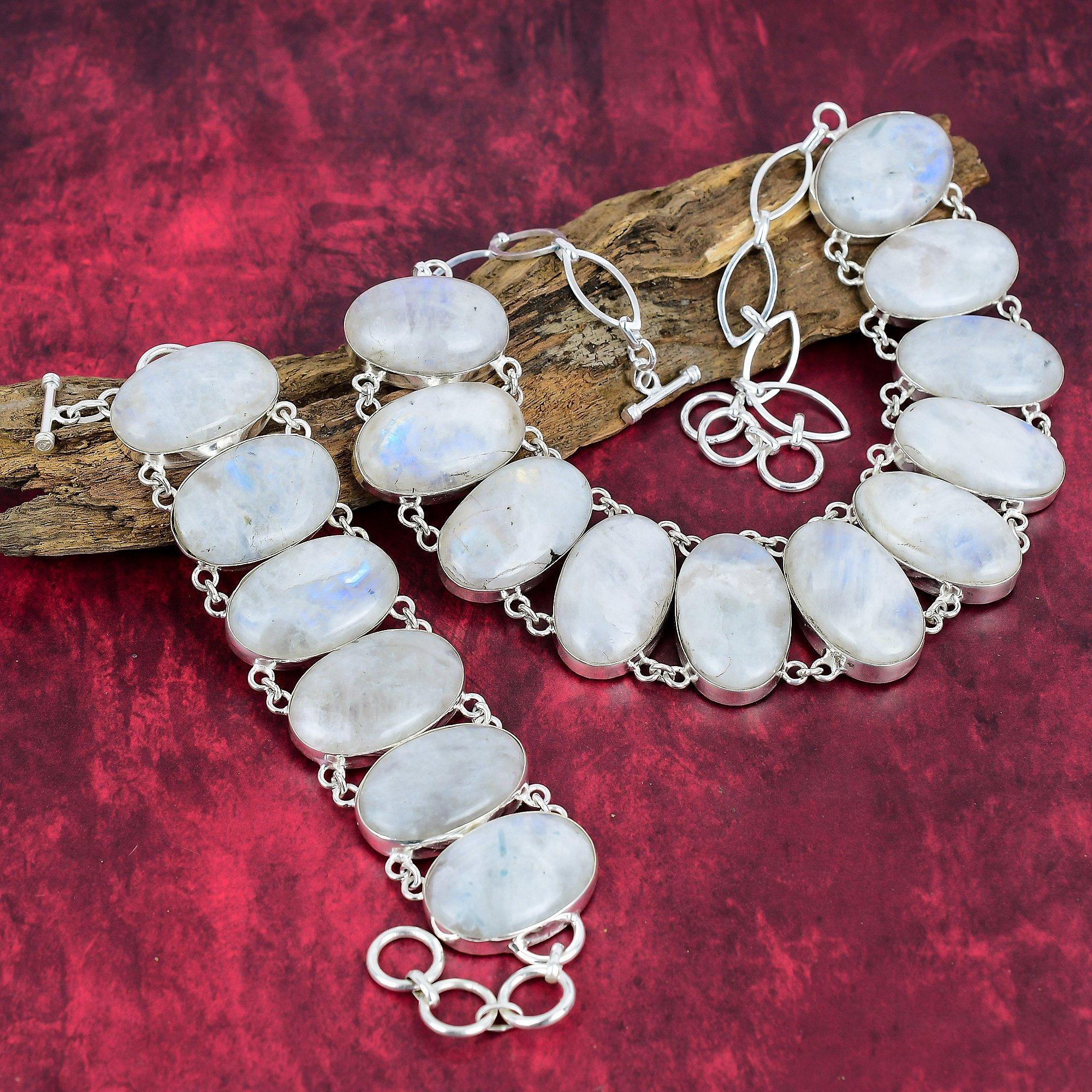 Amazing Rainbow Moonstone 925 Solid Sterling Silver Bracelet & Necklace Jewelry Set, Beauteous Gemstone Jewelry, Handmade Chain Jewelry Set For Love