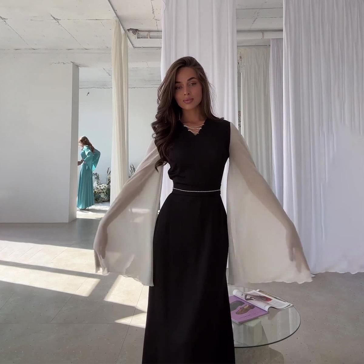 Frühlings- und Herbst-Damenkleid, lockere, altersreduzierende, durchsichtige Netzkleider mit V-Ausschnitt