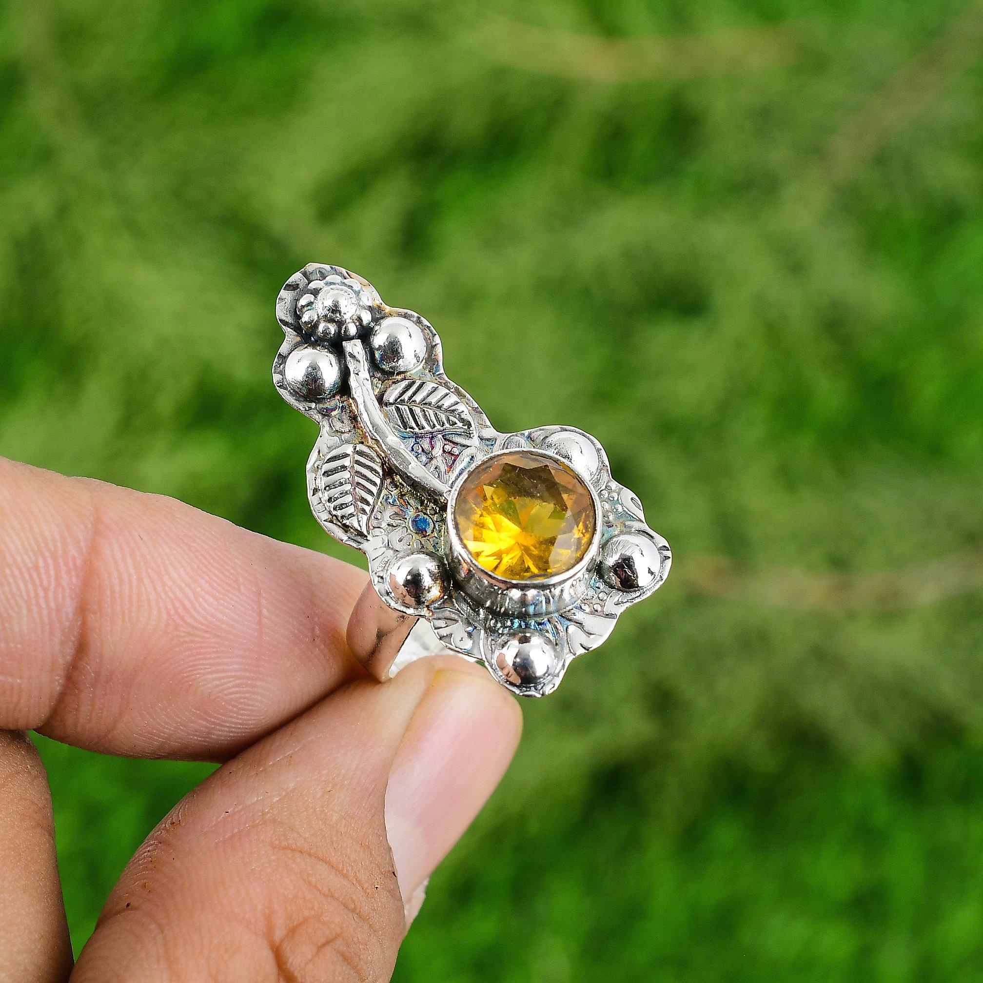 925 Silver Round Citrine Stone Promise Stackable Flower Statement Ring Jewelry
