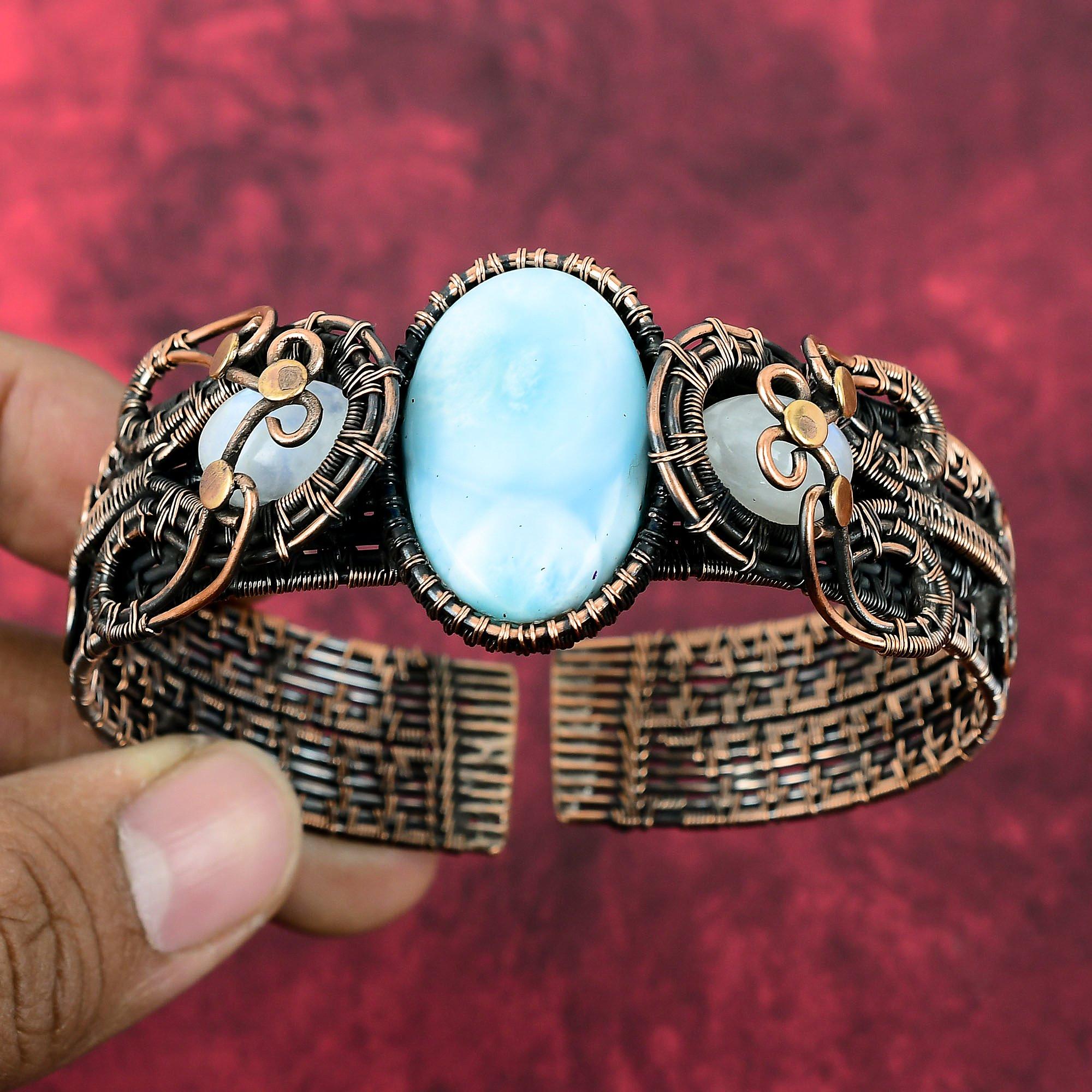 Larimar Bangle Copper Wire Wrapped Cuff Bracelet Adjustable Bangle Rainbow Moonstone Gemstone Cuff Anniversary Gifts Handmade Copper Jewelry