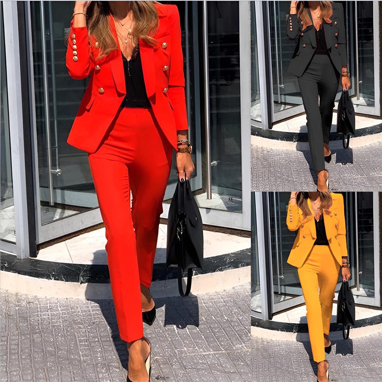 Women's Solid Color Two-Piece Suit Set, Business Casual Blazer with Trousers for Office Commute, Professional Workwear Coord for Modern Workplace