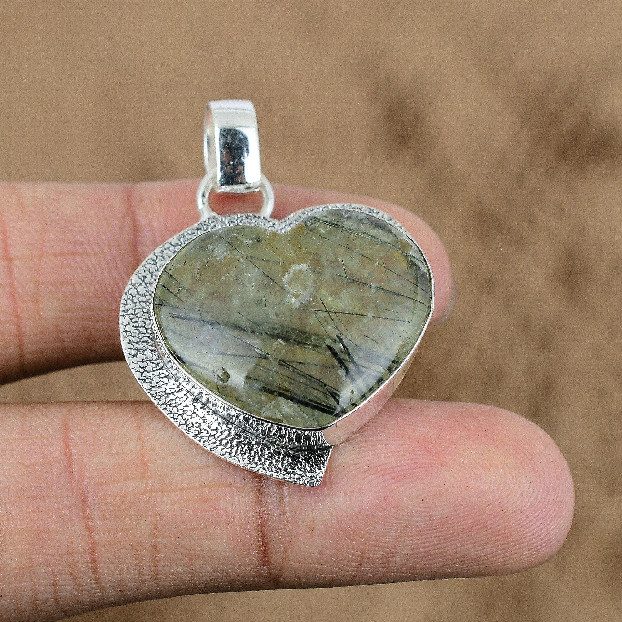 Gift For Her 925 Sterling Silver Natural Black Rutile Gemstone Pendant Heart