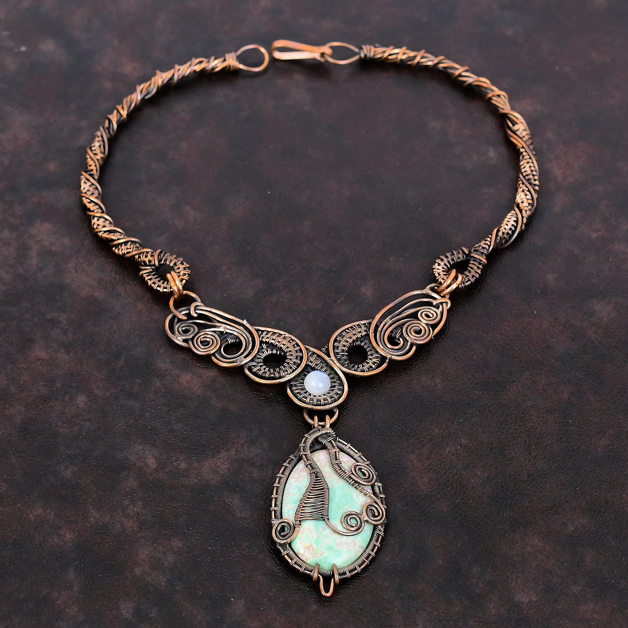 Variscite Necklace Copper Wire Wrapped Gemstone Necklace Moonstone Necklace Copper Jewelry Handmade Necklace Wire Wrap Jewelry Gift For Wife