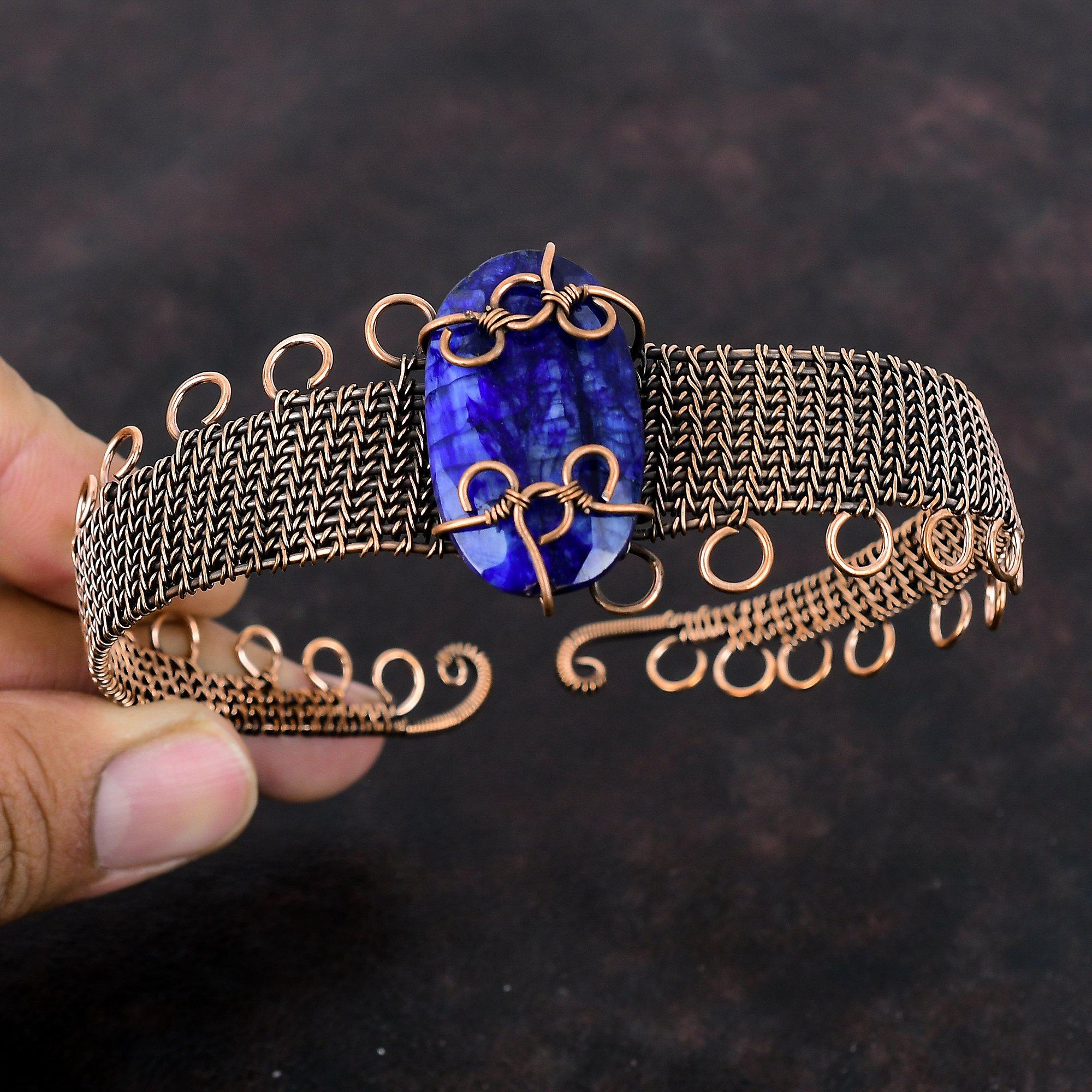 Facettiertes Blaues Saphir Armreif Kupferdraht umwickelter Armreif Verstellbarer Armreif Handgefertigter Armreif Edelstein Kupferschmuck Geschenk für Ihn