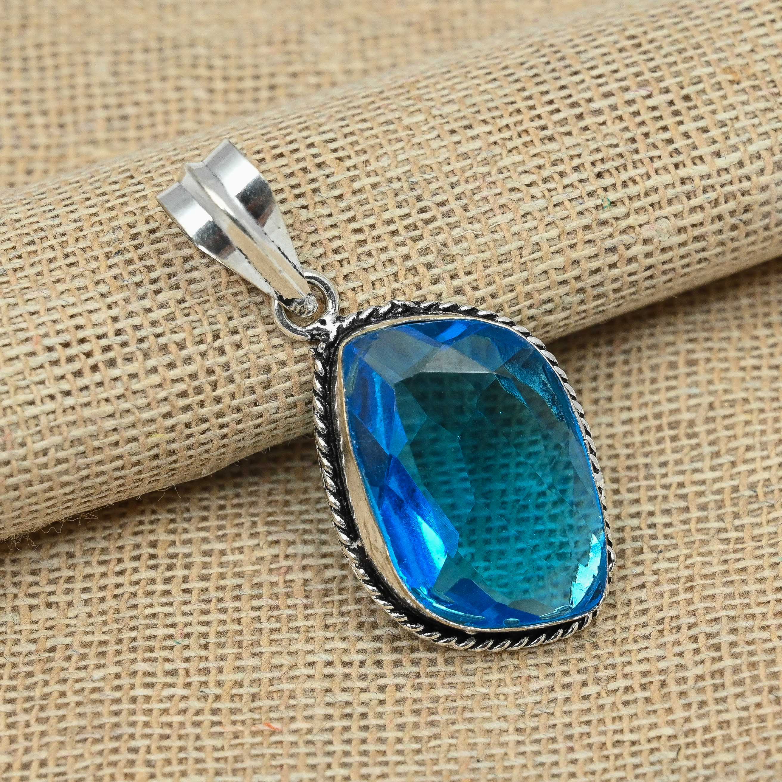 Dainty Blue Topaz Gemstone 925 Sterling Silver Handmade Fancy Pendant Jewelry