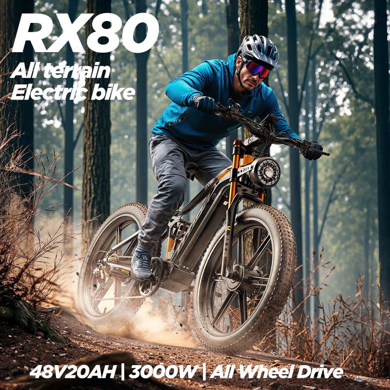 BURCHDA RX80 Doppio Motore al Mozzo 4000W 26" Gomme Grasse E-Bike Fuoristrada 48V 20Ah Bicicletta Elettrica a Lunga Autonomia