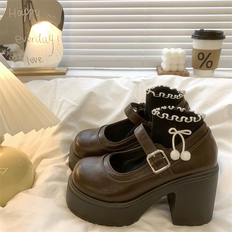 Womens Chunky Mary Jane Shoes 8.5cm High Heels Black Brown Japanese Kawaii Lolita Style School Uniform Office Casual Wear Preppy JK Summer Footwear