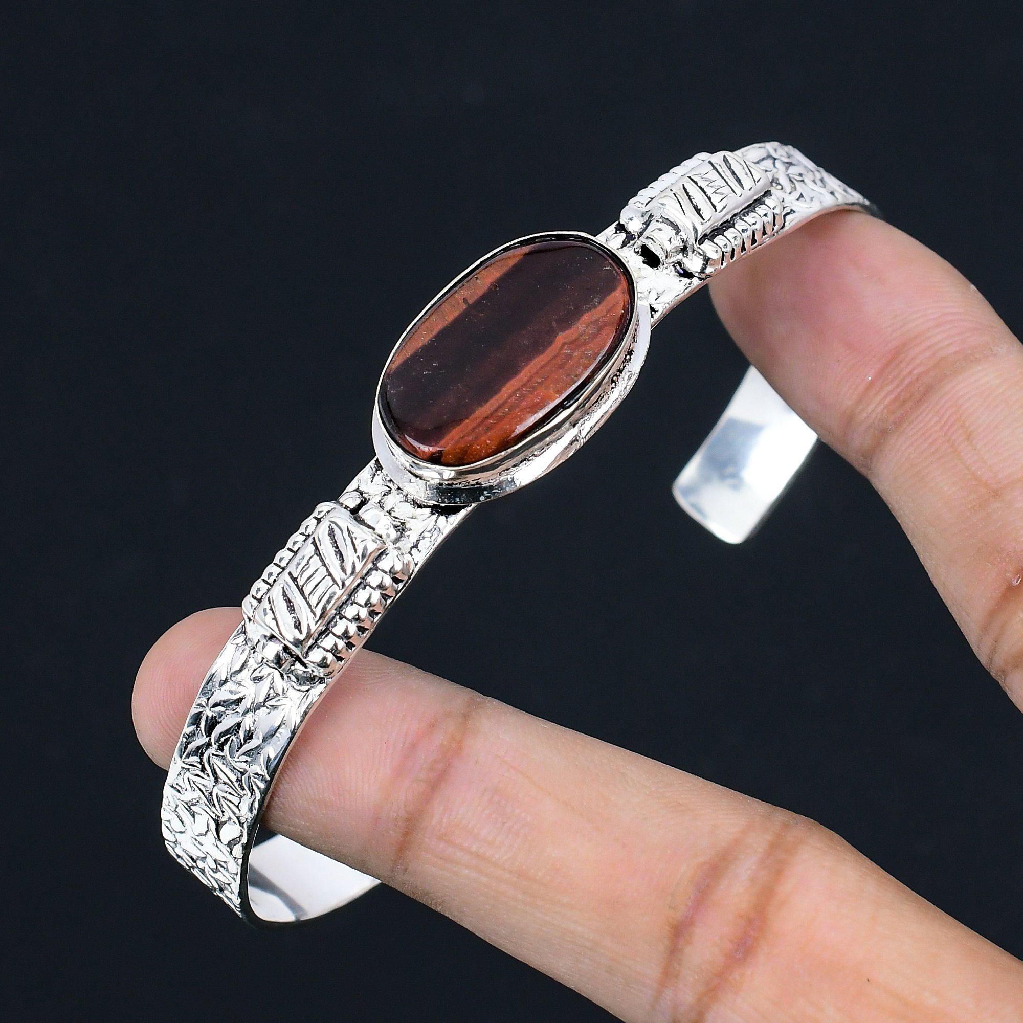 Natural Iron Tiger Eye Gemstone Bangle Red Adjustable 925 Sterling Silver