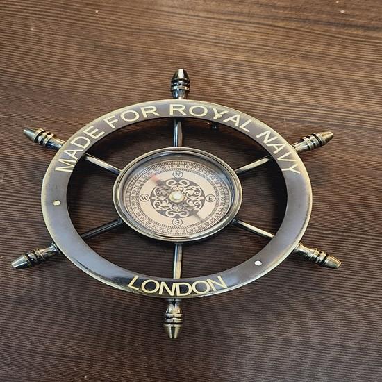 Royal Navy Engraved Brass Compass with Ship Wheel Design Nautical Navigation Collectible