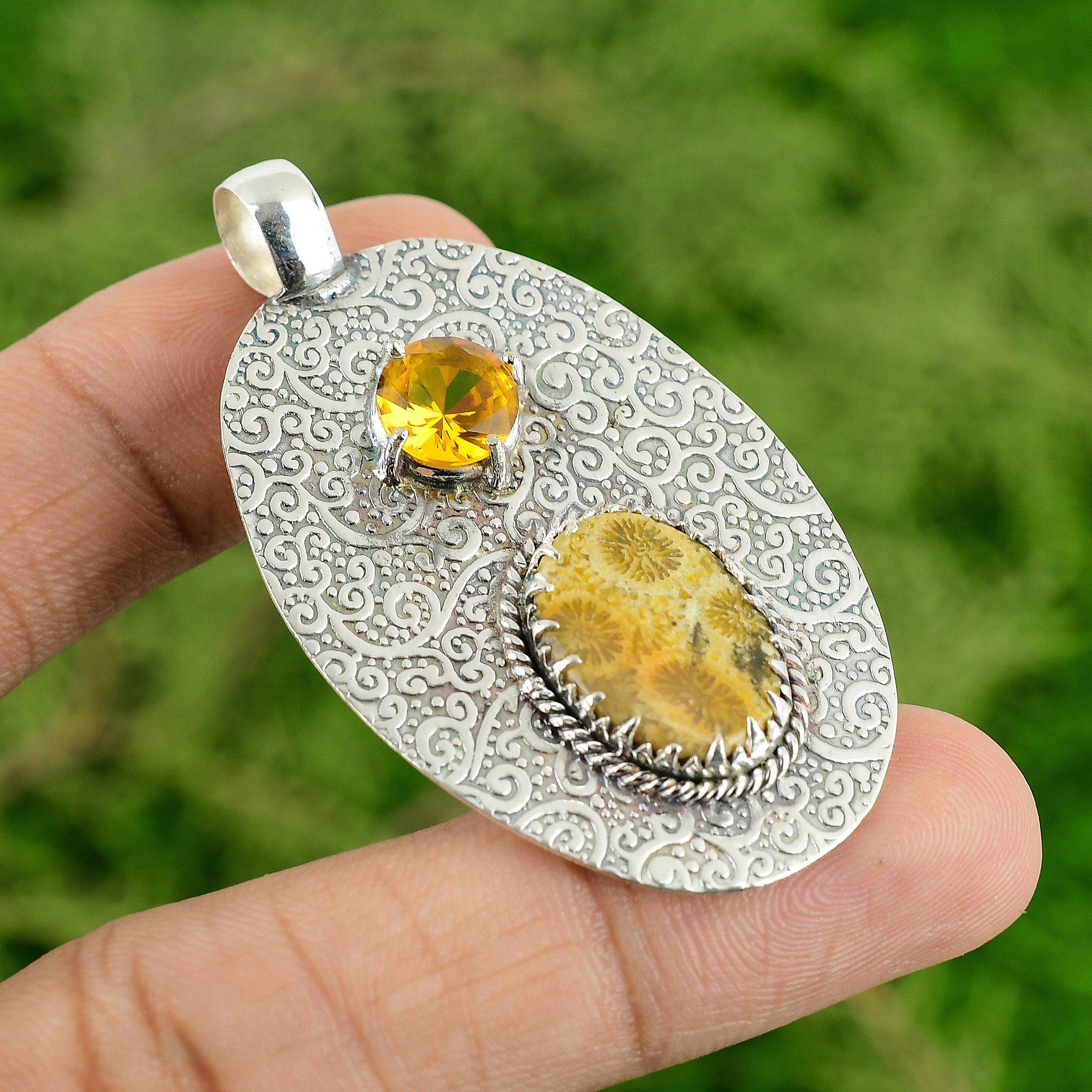 Daughters Day Deal Sterling Silver Fossil Coral Stone Citrine Pendant Jewelry