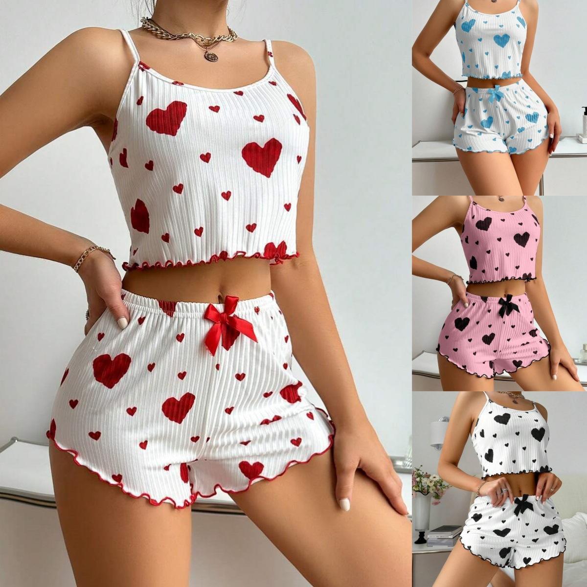 Summer New Women's Pajama Set Breathable Soft Casual Love Printed Design Sweet Home Strap Shorts Pajamas