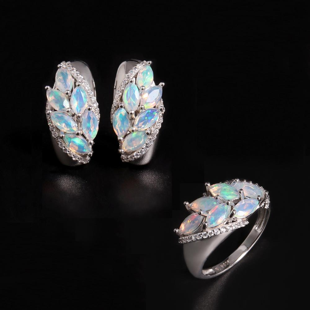 Women's Colorful October Birthstone Natural Opal Jewelry Set 925 Sterling Silver Ring And Earrings Fine Anniversary Banquet Wear
