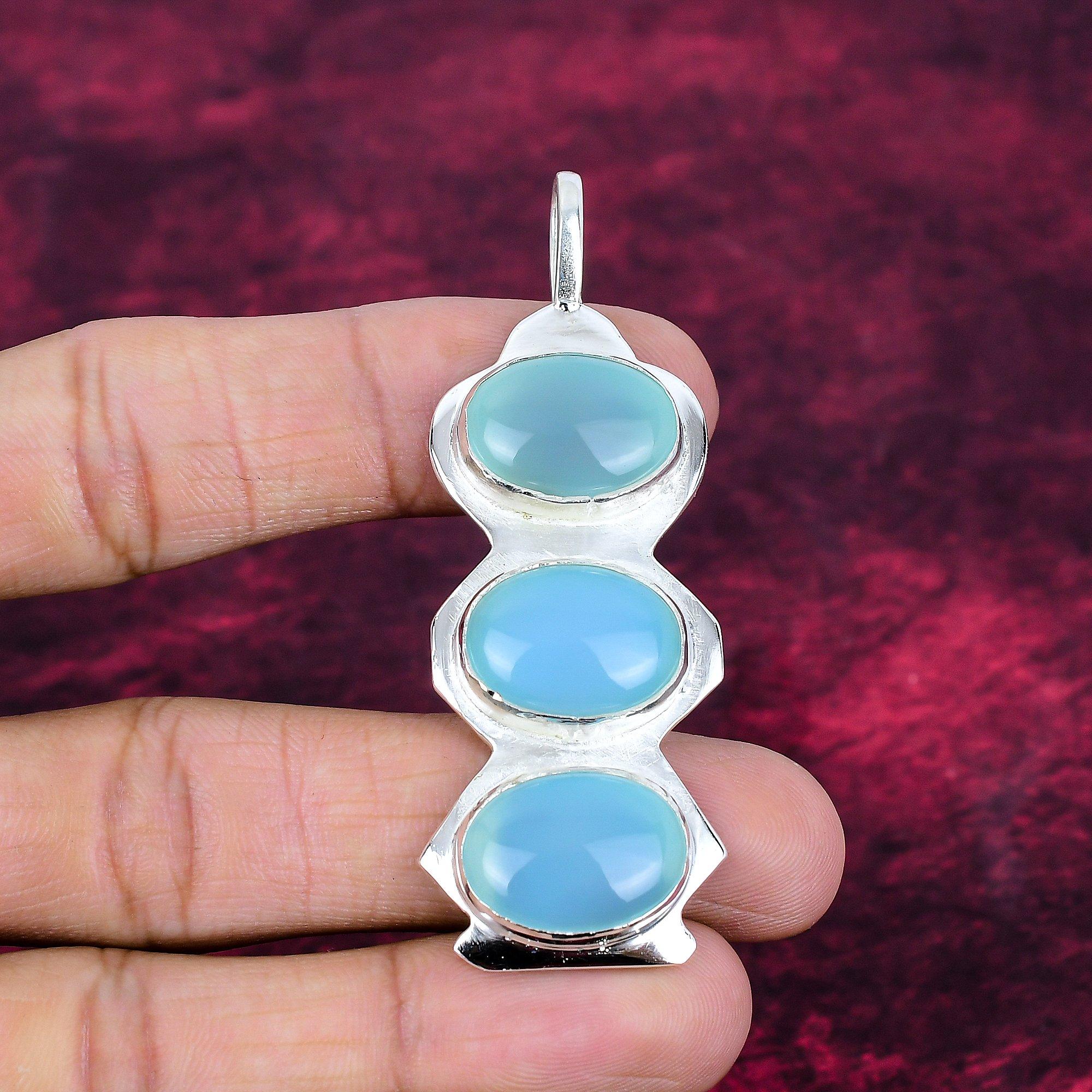 Blue Chalcedony 925 Solid Sterling Silver Pendant, Handmade Gemstone Pendant Jewelry, Gifts For Wife Brand New Pendant